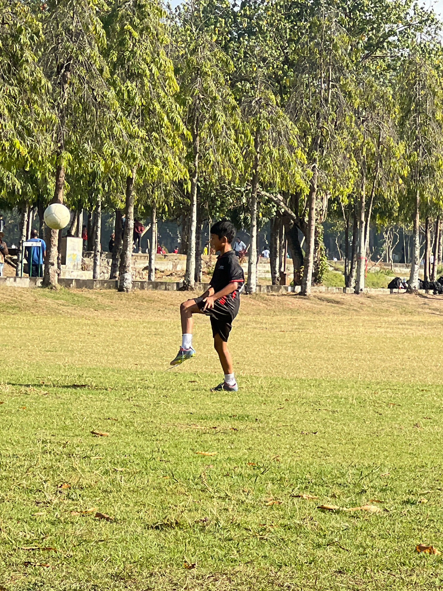 A young boy wearing a black and red athletic outfit is playing soccer on a grassy field. He is in motion, with one leg raised and bent at the knee, appearing to be in the process of kicking or controlling a white soccer ball that is airborne to his left. He is positioned in the mid-ground of the image. The field is bathed in sunlight, creating shadows. In the background, a line of trees with light green foliage forms a backdrop, with some blurred figures and structures visible beyond them. The scene suggests an outdoor recreational activity.