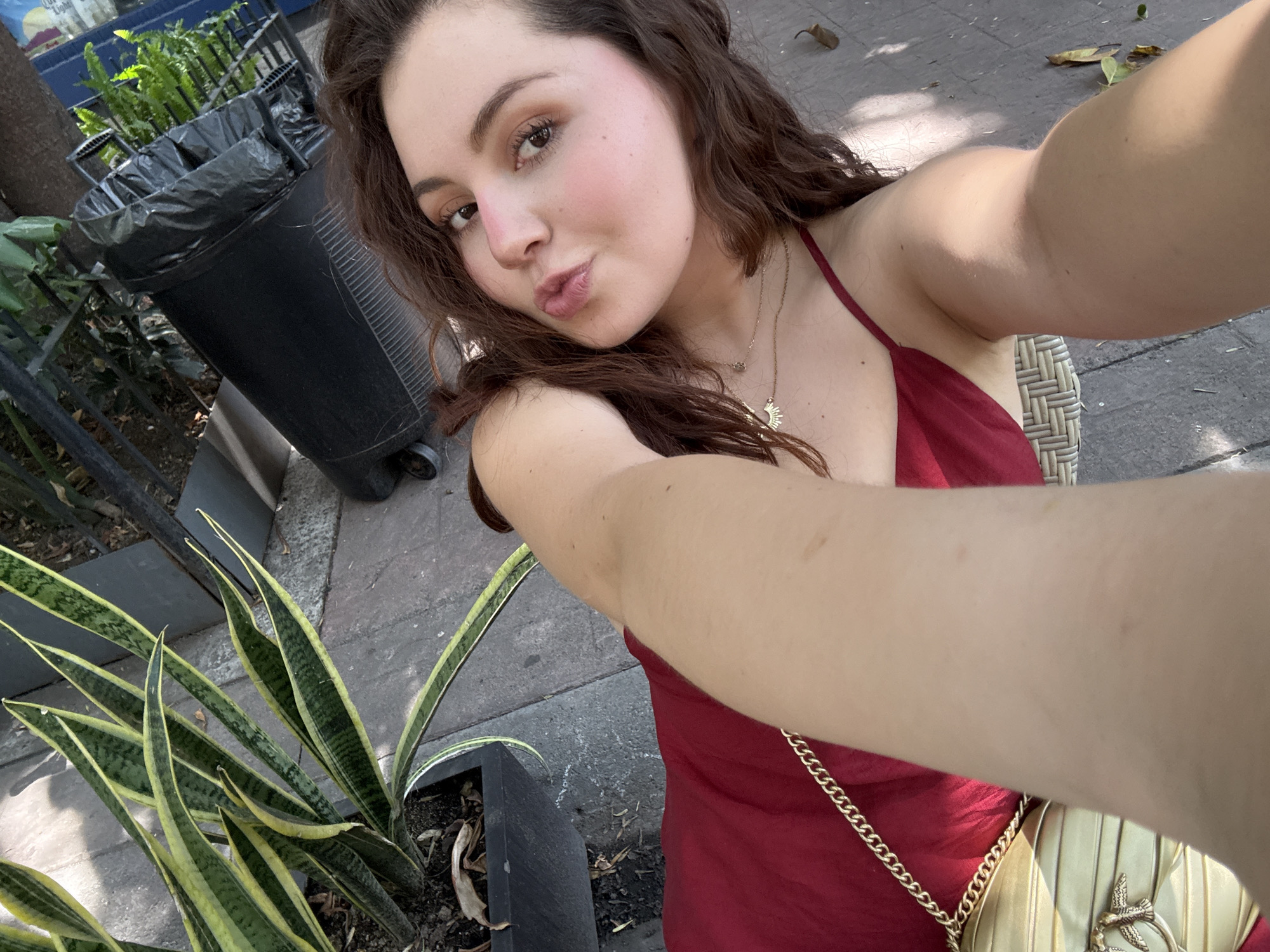 A young woman is taking a selfie outdoors. She has long, curly brown hair and is wearing a red dress with spaghetti straps and a gold necklace. She has light skin and is puckering her lips towards the camera. She is holding a gold purse on a chain strap.
The background includes a black trash can filled with refuse, a potted plant with yellow and green striped leaves, and what appears to be gray paving stones. The location is likely a sidewalk cafe or an outdoor seating area.
Based on the plants, architectural styles, and general environment, it is plausible that the location is in Mexico City, Mexico.
