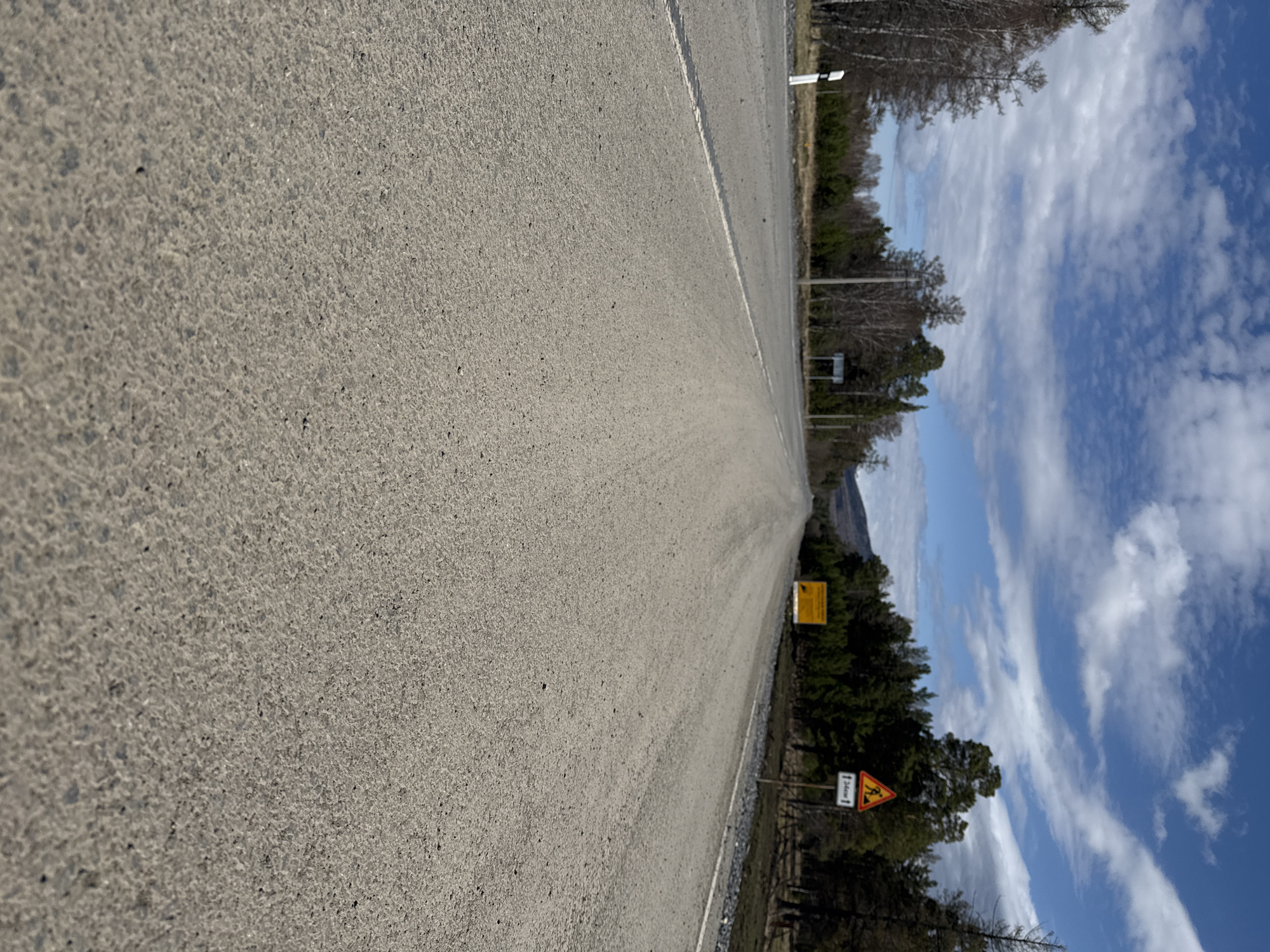 The image shows a paved road stretching into the distance. The sky is blue with scattered clouds. Trees line the side of the road, with a few signs visible, including a yellow diamond-shaped warning sign and a rectangular sign with a number. The image provides no definitive information to verify it is in Kordonnyi, Russia.