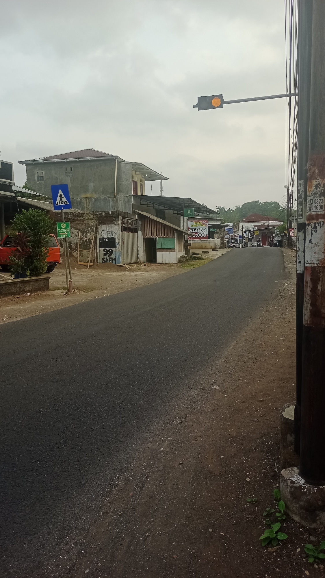 The image captures a street scene in Karyamandala, Indonesia, under an overcast sky. A paved road stretches into the distance, bordered by a dirt shoulder on the right. To the left of the road, there is a building with a gray facade and a red-tiled roof. In front of this building, a pedestrian crossing sign is visible, accompanied by a green sign that appears to indicate a public health center (Puskesmas). A red pickup truck is parked to the left of the road. Further down the street, several shops and buildings line both sides, with some vehicles parked or moving. A traffic light with an illuminated orange signal hangs over the road. A utility pole with wires runs along the right side of the image, showing some posters and weathered surfaces. Small green plants are growing on the dirt shoulder near the base of the utility pole. The overall impression is a typical rural or semi-urban street environment.