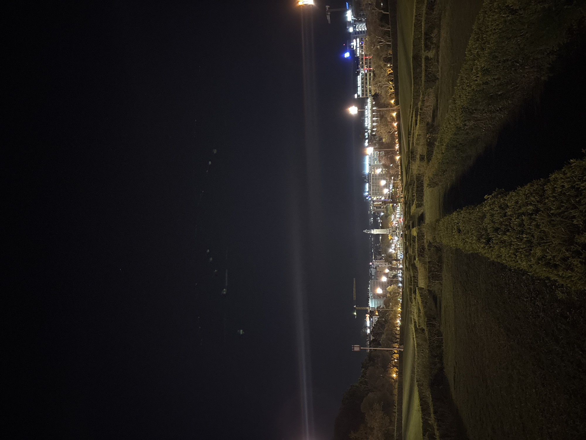 The image displays a nighttime panoramic view of Lisbon, Portugal, specifically looking south from Parque Eduardo VII down Avenida da Liberdade.
The foreground consists of dark green, manicured lawns and geometrically shaped low hedges, characteristic of formal gardens. These garden beds recede towards the center of the frame. No individuals are visible in this section.
The midground features the illuminated expanse of Avenida da Liberdade, flanked by multistory buildings with numerous brightly lit windows and commercial signs, including "FENIX LISBOA" and "FENIX GARDENS". Streetlights line the avenue, emitting warm yellow and white light. Vehicle lights and traffic signals are discernible, indicating active roadways. On the right side of the avenue, a tall columnar monument, identified as the Marquês de Pombal statue, stands illuminated. A large construction crane is visible above the buildings on the left side of the avenue.
The background shows the lights of the city stretching into the distance under a dark, clear night sky. The sky itself exhibits a horizontal light streak across its mid-section, along with several small, faint, greenish circular light artifacts in the upper portion, consistent with lens flare or atmospheric effects. No celestial bodies are distinct. The overall scene is devoid of discernible human activity or specific interactions.