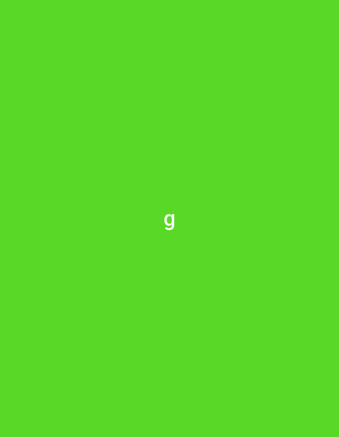 A lower-case "g" appears centered on a solid, bright green background.