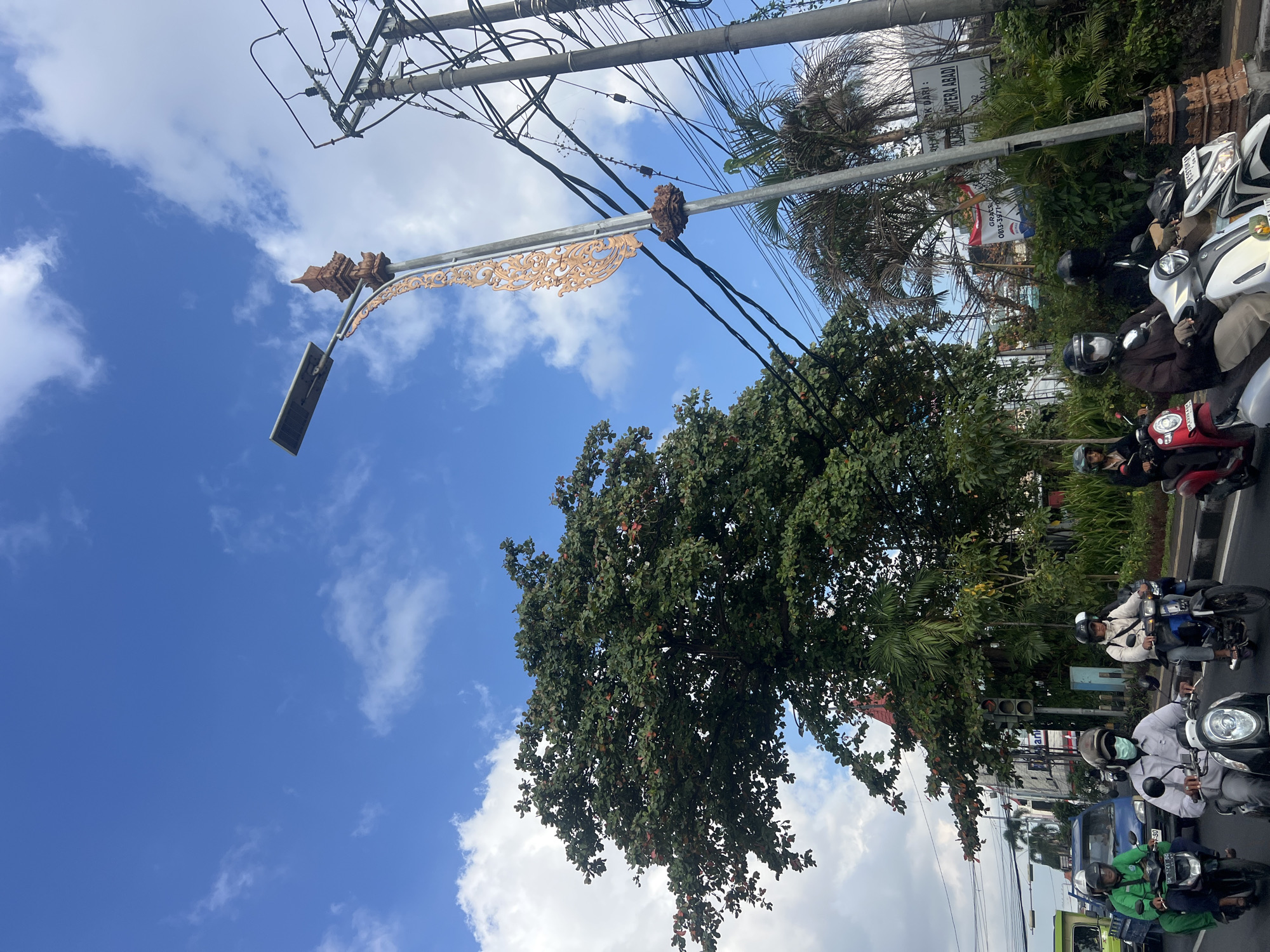 The image captures a street scene in Denpasar, Indonesia, under a bright blue sky with scattered white clouds. A prominent decorative lamppost with ornate, golden floral motifs stands tall on the right side of the frame. Beside it, a utility pole is laden with numerous electrical wires. In the foreground, a line of motorcycles navigates the road. Several individuals are visible riding these motorcycles, most wearing helmets and some wearing face masks, indicating everyday commuting. A large, leafy green tree with some reddish fruits is on the left, partially obscuring a building with a red roof. Lush greenery and tropical plants line the roadside, contributing to the tropical urban environment. Signs with text in Indonesian are visible in the background, further confirming the location. The overall impression is of a typical, active street in Denpasar during the daytime.