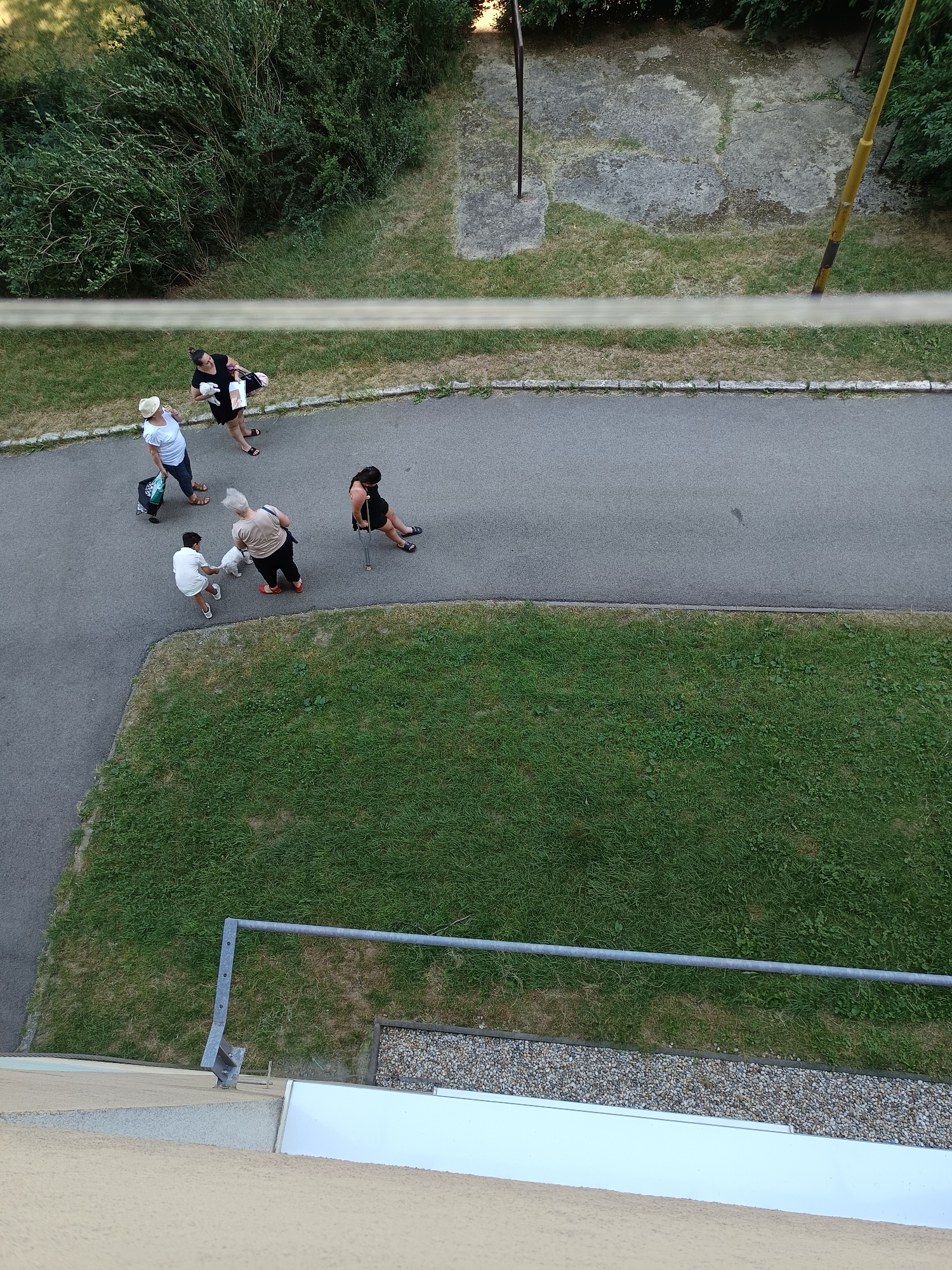 The image, taken from a high vantage point, depicts a sidewalk adjacent to a grassy area in the city of Košice, Slovakia. Several individuals are present. In the upper portion of the image, two women are walking. One is wearing a white hat and shirt, and the other a black dress. Further down the sidewalk, a woman with a white-haired ponytail is walking a small white dog. Next to her, a child in a white outfit is interacting with the dog. To the right, a woman with dark hair is walking with the aid of a crutch. The environment includes dense green foliage, a paved walkway, a lawn, and a concrete area with some debris. A metal railing is visible in the lower portion of the image.