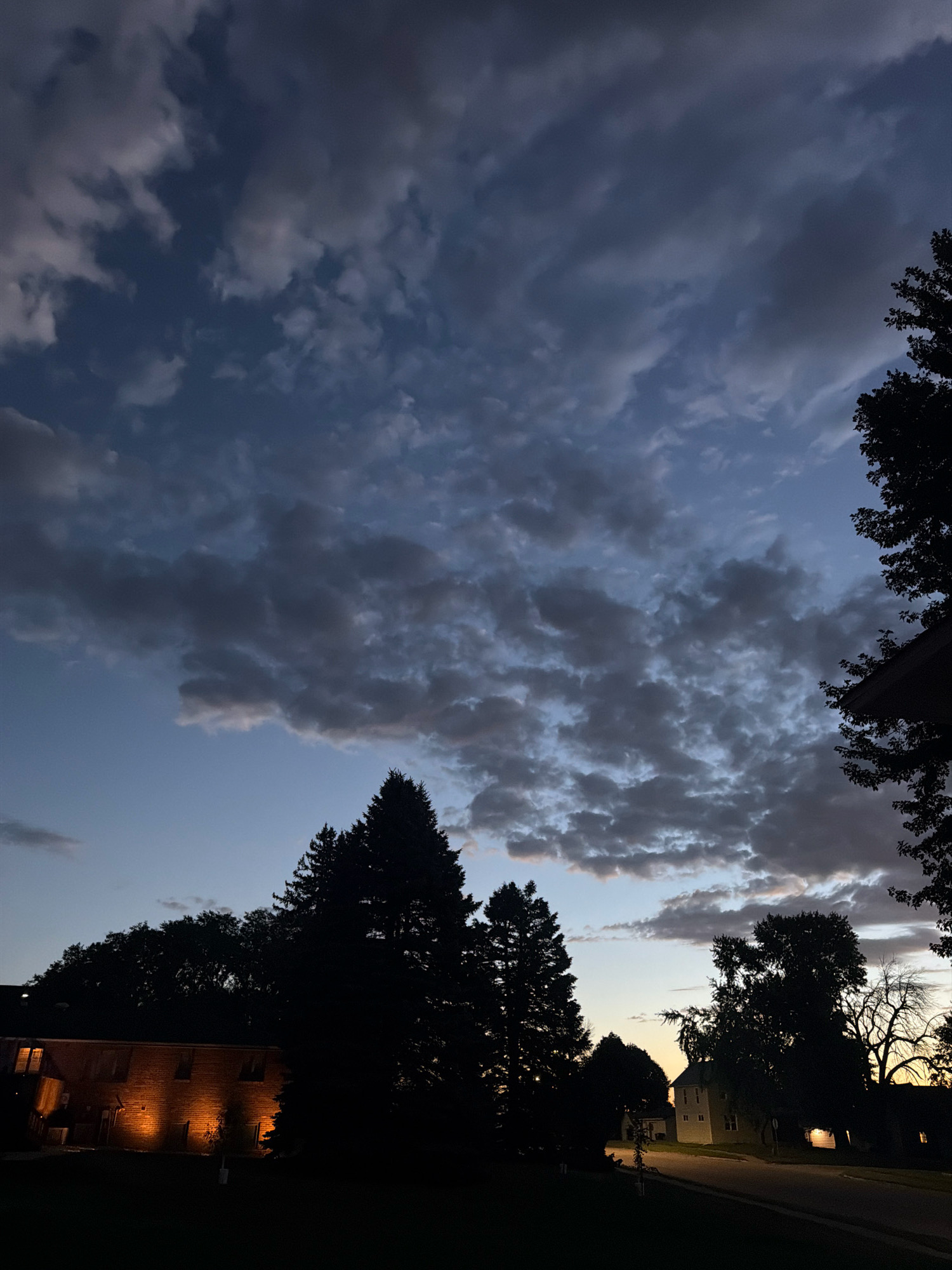 The image depicts a twilight scene in a suburban area. The sky is a deep blue, transitioning to lighter hues near the horizon, and is filled with scattered, dark clouds. In the foreground, silhouetted evergreen trees and deciduous trees are prominent. To the left, a two-story brick building with illuminated windows is visible. Further into the scene, a residential street is lined with houses and more trees, also silhouetted against the fading light. Streetlights illuminate parts of the road. The overall impression is one of a quiet evening in a residential neighborhood.