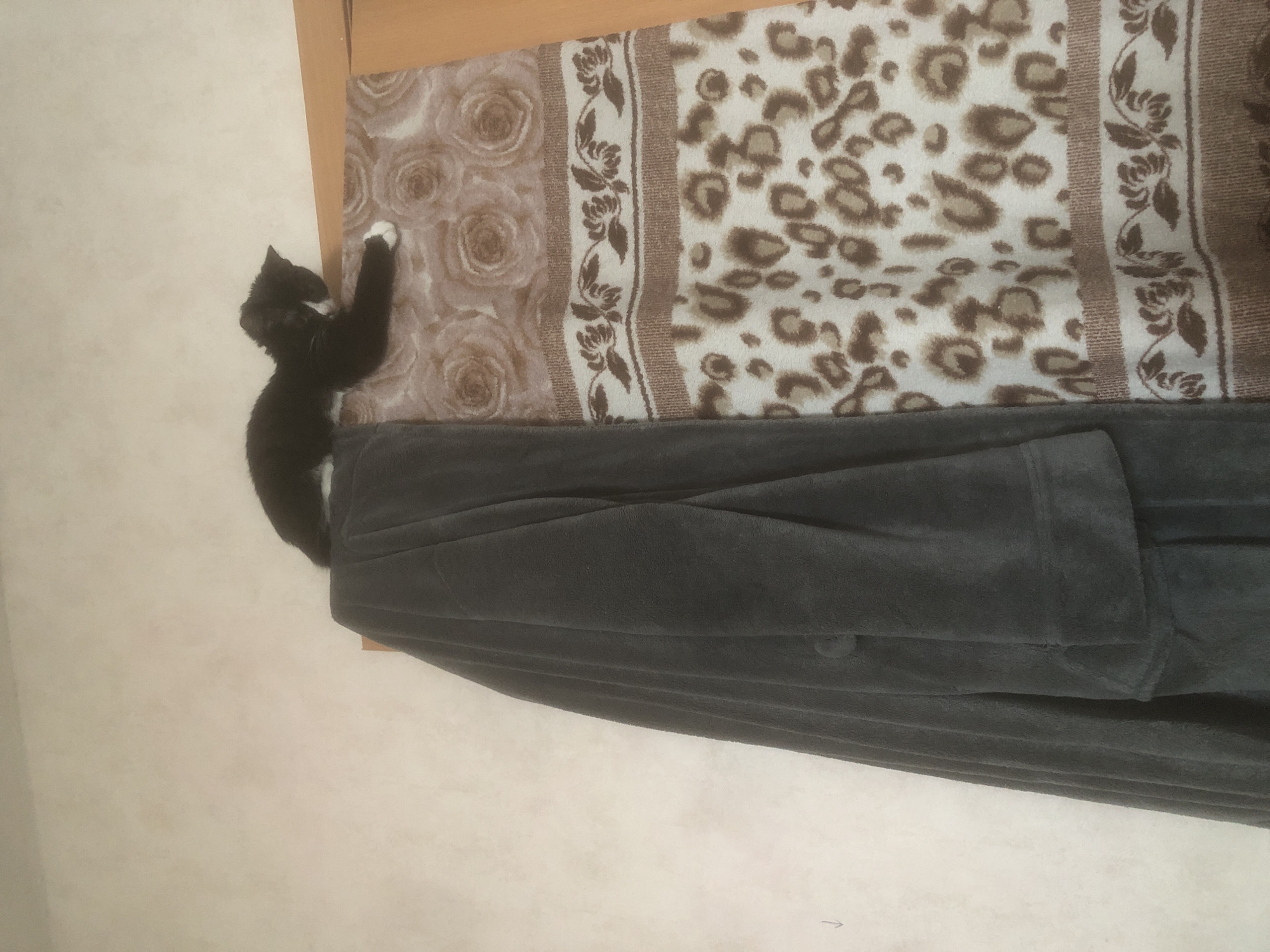 A black and white cat is captured in an indoor setting, likely a bedroom in Nyagan, Russia. The cat, appearing small, is positioned on a light-colored surface, possibly a floor or low piece of furniture, next to a bed. It is stretching or reaching upwards with its front right paw onto the patterned bedding of the bed. The cat is predominantly black with distinct white markings on its front right paw, chest, and possibly its muzzle.
The bed is covered with a patterned comforter or blanket that features two distinct patterns: a rose motif in various shades of brown and beige, and a leopard print pattern in similar earthy tones. These patterns are separated by a narrow floral stripe. A dark grey, soft-textured garment or blanket is draped over the edge of the bed, partially obscuring the lower portion of the patterned bedding.
The background consists of a plain, light beige or off-white wall. The lighting suggests it is daytime, but no specific light sources or weather conditions are discernible. The image provides no visible text or explicit location cues beyond the provided context. The cat's posture suggests a moment of playfulness, curiosity, or stretching.