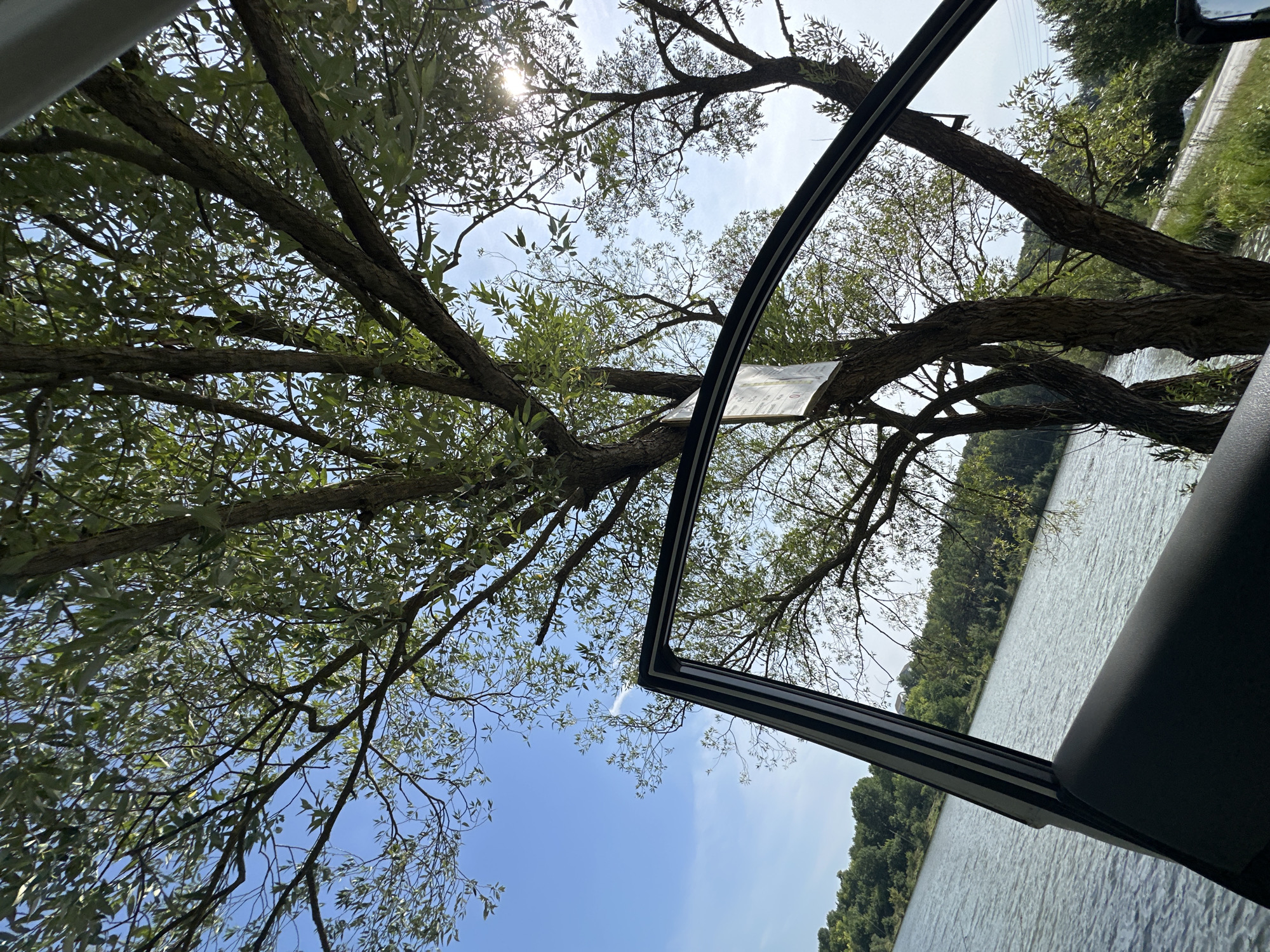 The image shows a view from inside a car, with the driver's side door open, looking out towards a body of water and trees. The sun is shining through the leaves of a large tree. The water appears to be a lake or river, with a treeline on the opposite bank. The car is parked on the side of a road that runs alongside the water. The scene is peaceful and idyllic, suggesting a location in the countryside. There are no people or animals visible in the image. The specific location within Makiv, Ukraine is not identifiable from the image alone, but the overall setting suggests a rural or semi-rural area with natural scenery.