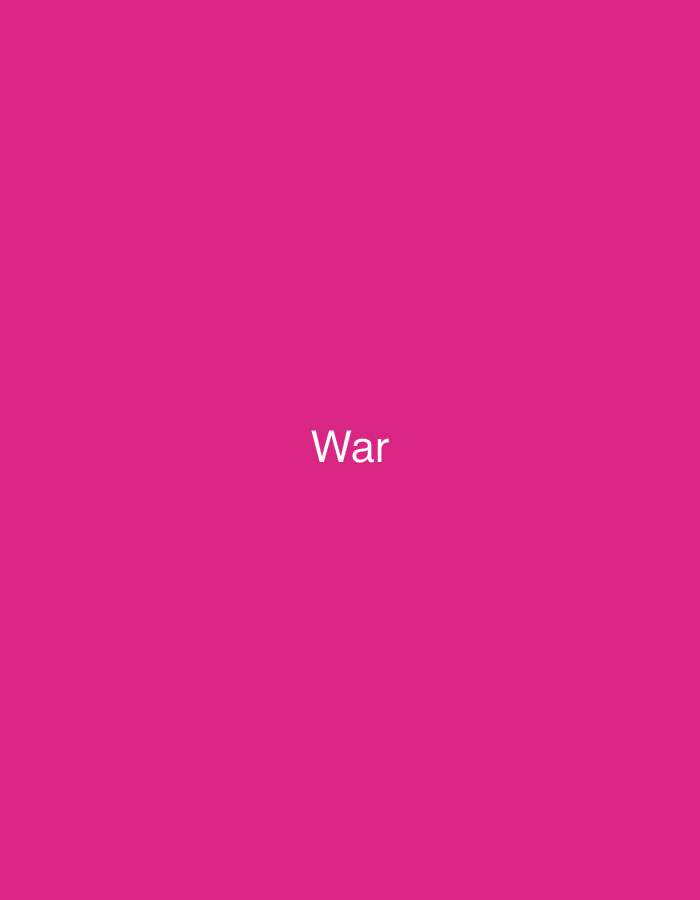 The image displays a solid fuchsia background. Centered horizontally and vertically on this field is the word "War" rendered in white, sans-serif uppercase lettering. No other graphical elements, imagery, figures, objects, or discernible details of a physical environment are present. The content of the image does not provide any visual information to indicate a specific geographic location, including the city of Casablanca, Morocco.