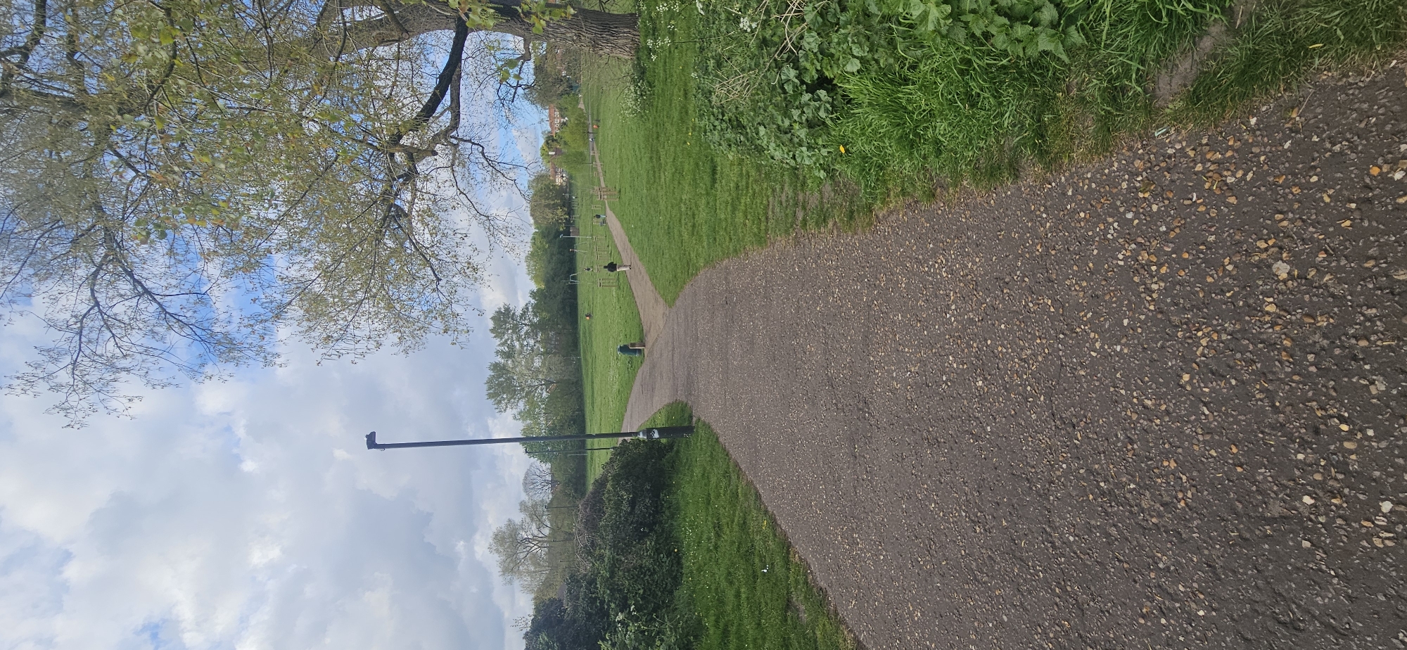 The image depicts a park scene, likely located in Norwich, United Kingdom. A path, made of aggregate, curves through the park. Lush green grass and diverse vegetation line the pathway. Several individuals are visible in the distance engaging in activities. A tall lighting fixture, painted black, stands adjacent to the path. The sky is partially obscured by clouds and the branches of a tree.