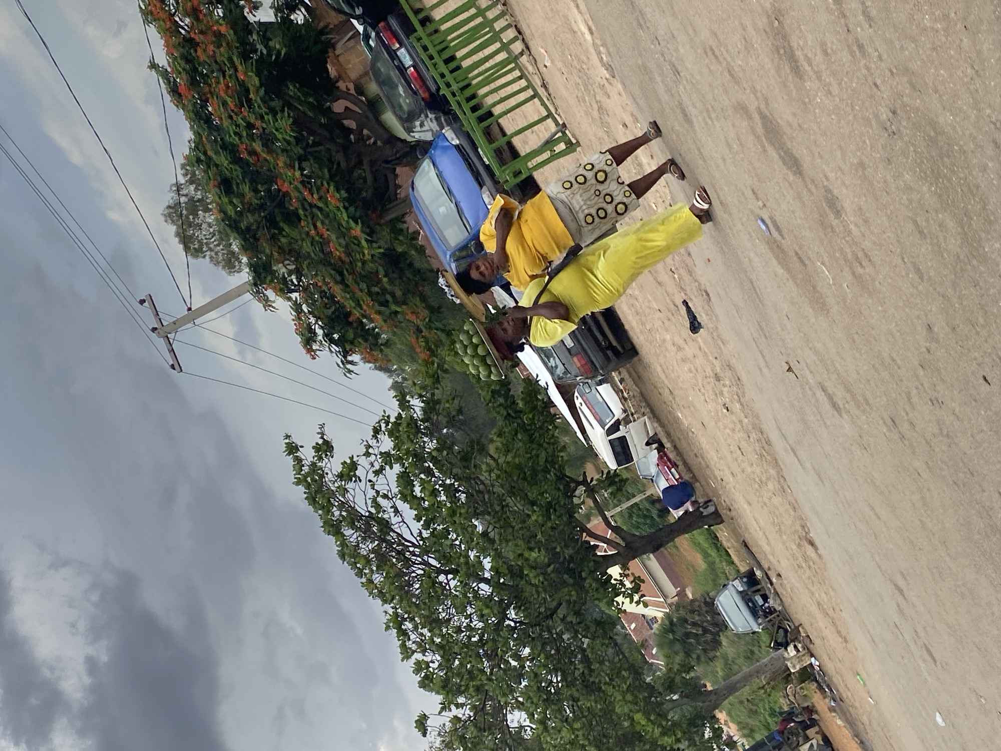 In Kuru, Nigeria, two women are walking on a dusty road. The woman on the left is wearing a long, yellow dress and carrying a large tray of green fruits on her head. The woman on the right is wearing a yellow t-shirt and a patterned skirt, and she appears to be talking to the woman on the left. Behind them, a blue van and other cars are parked, along with a green fence and trees. The sky is overcast with dark clouds.