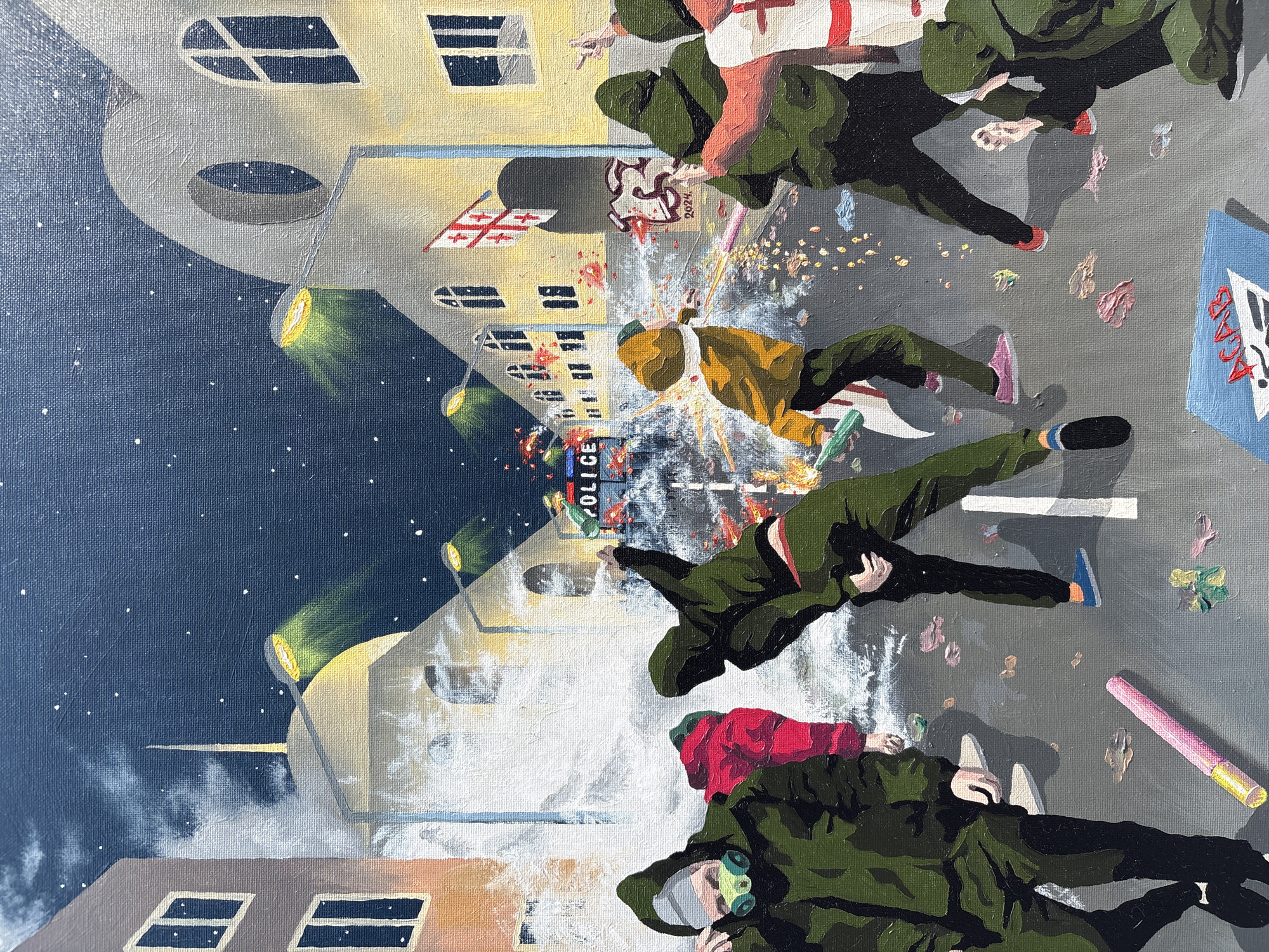This painting depicts a chaotic street scene at night, possibly in Kyiv, Ukraine, given the presence of a Georgian flag. The image features several individuals, some wearing green hooded jackets and masks, engaged in what appears to be a protest or riot. One person in a green jacket is throwing something, while another, wearing a red jacket, is being pushed. In the background, a "POLICE" sign is visible, and there are flashes of light and debris in the street, suggesting a confrontation. Streetlights cast a yellow glow on the buildings and the smoky atmosphere. The ground is littered with debris, and pink batons are scattered around. One individual in the foreground has a gas mask and is holding their hand up as if to block something. Another person in a yellow jacket is throwing what appear to be fireworks or flares. A blue sign with the letters "ACAB" is visible on the ground.