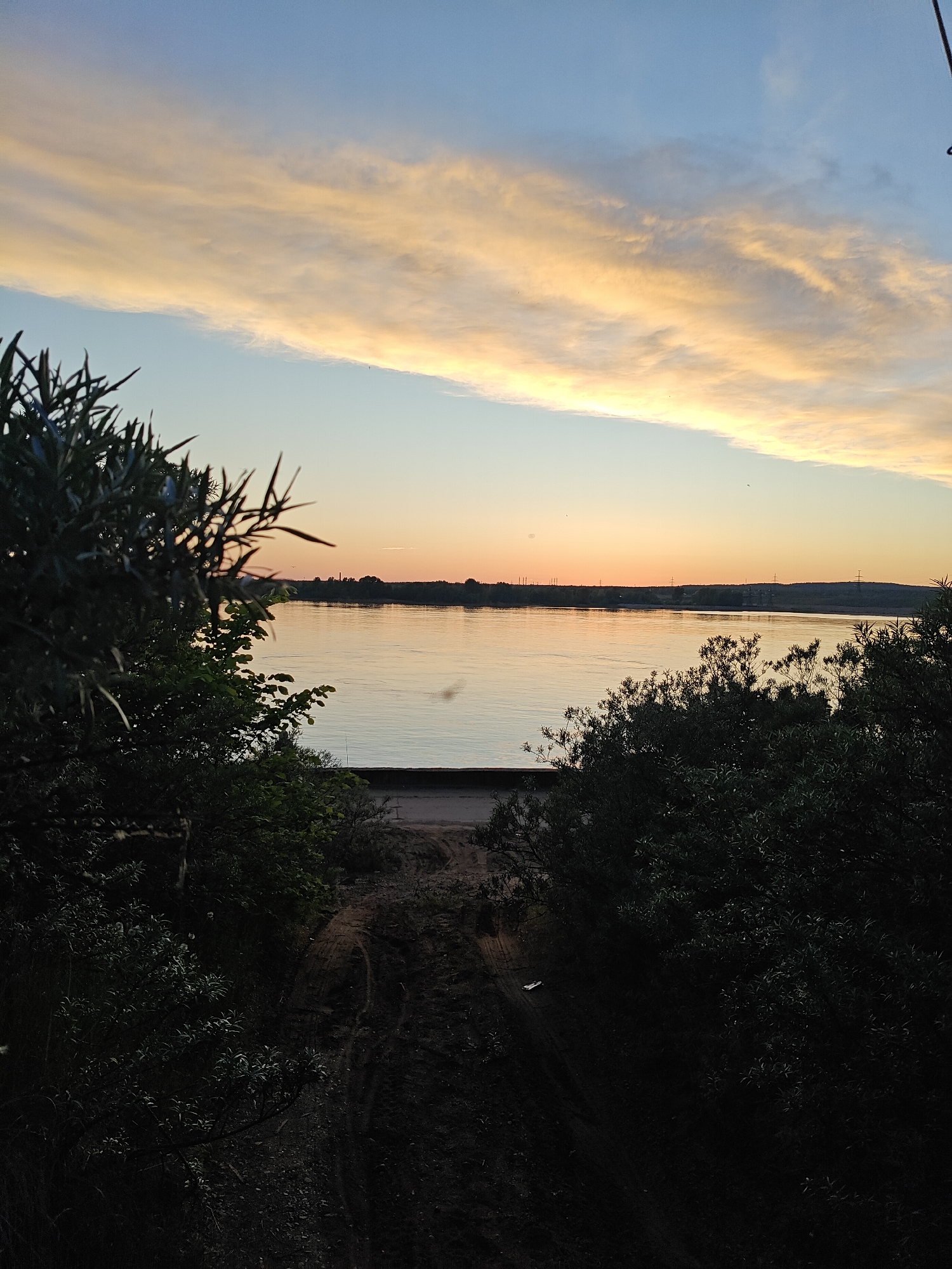 The image depicts a serene landscape at either sunrise or sunset, viewed through a natural opening framed by dense, dark foliage. The upper sky displays a gradient from clear light blue to soft orange and yellow hues, with elongated, wispy clouds stretching across the horizon.
Below the sky, a wide, calm body of water, likely a river, reflects the gentle light. On the distant bank across the water, a dark, tree-lined shoreline or low hills are visible, with faint industrial structures or power lines discernible towards the right.
The foreground is dominated by dark green bushes and trees, which frame the central view from the left, right, and bottom edges. A rugged, dark dirt path or track leads down towards the water in the center foreground. A small, light-colored object, possibly litter, is barely visible on this path in the lower right.
The time of day is clearly marked by the warm, low-angle light and vibrant sky colors, creating a peaceful and tranquil atmosphere. There are no people or specific activities depicted. The scene suggests a natural riverside or lakeside setting, possibly in the Chaikovsky, Russia area. There is no visible text in the image.