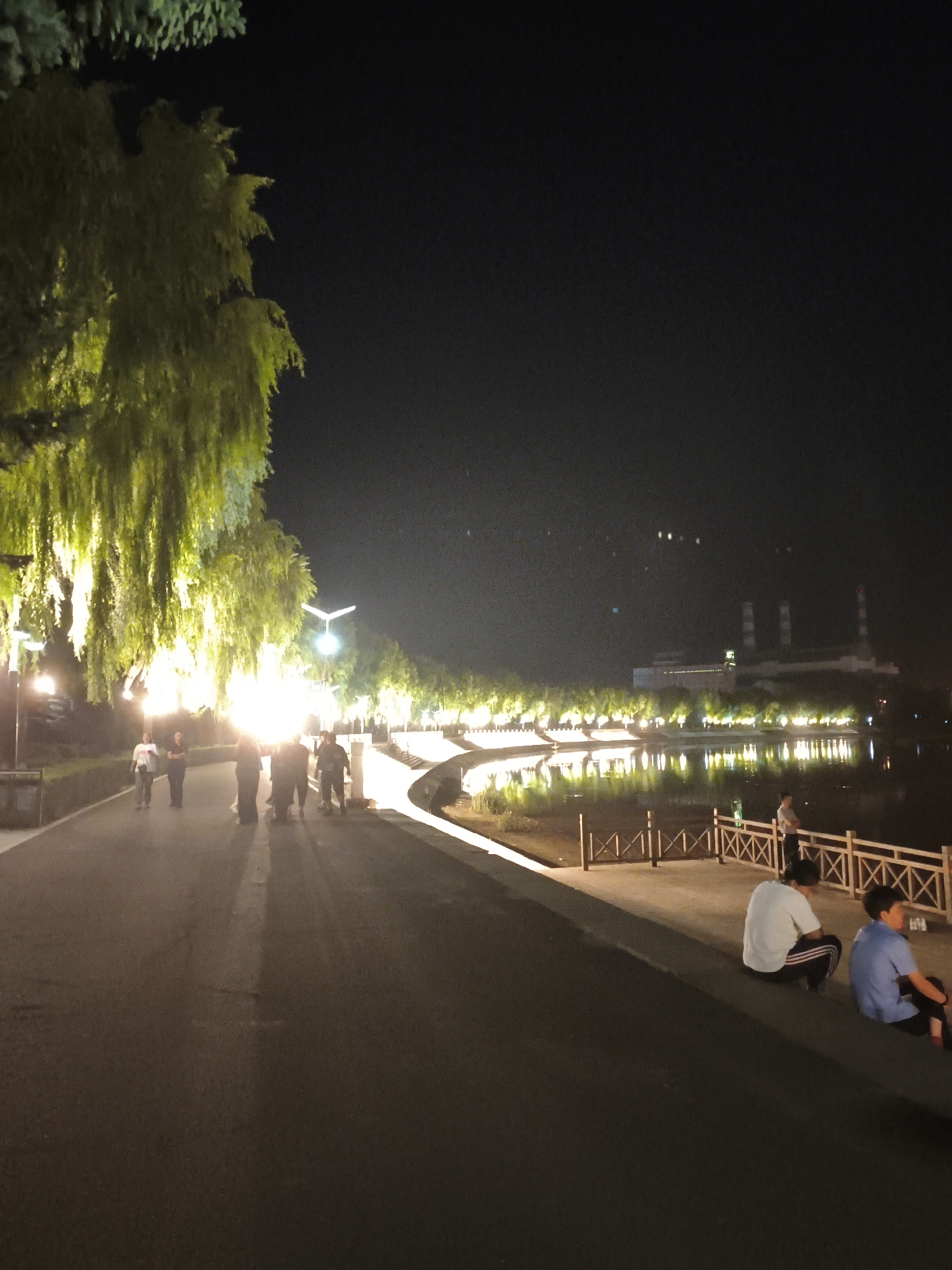The image depicts a nighttime scene along a paved walkway adjacent to a body of water, likely a lake or river. The walkway is illuminated by streetlights and the reflection of lights from across the water. Along the left side of the walkway, trees with cascading branches, possibly willows, are lit from below, casting a yellow glow on their foliage. Several individuals are walking along the path, appearing as silhouettes against the lights. On the right side of the walkway, a wooden fence separates the path from the water's edge. Two young males are seated on the ledge near the fence, facing the water. Across the water, a distant industrial complex with tall chimneys is visible, emitting light. The overall atmosphere is serene and illuminated by artificial lights, characteristic of an urban park at night. The location is identified as Dongxing Street, China.