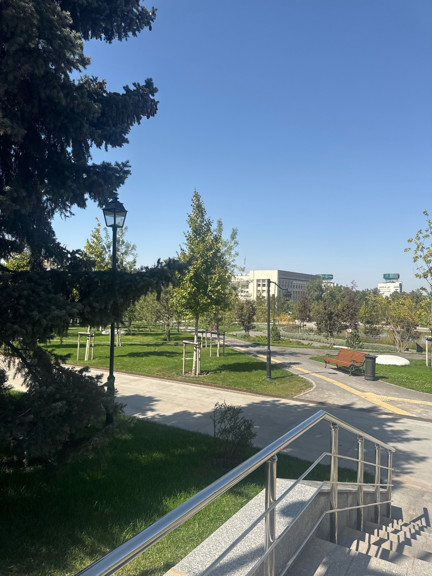 The image shows a sunny day in a park in Almaty, Kazakhstan. In the foreground, there are stairs with a chrome railing. Beyond the stairs, there is a paved path winding through a grassy park. There are several trees, some of which appear to be young and supported by stakes. A lamppost stands near the path. In the mid-ground, there is a park bench and a trash can. In the background, several large buildings with modern architecture are visible, suggesting an urban setting. The sky is clear and blue.
