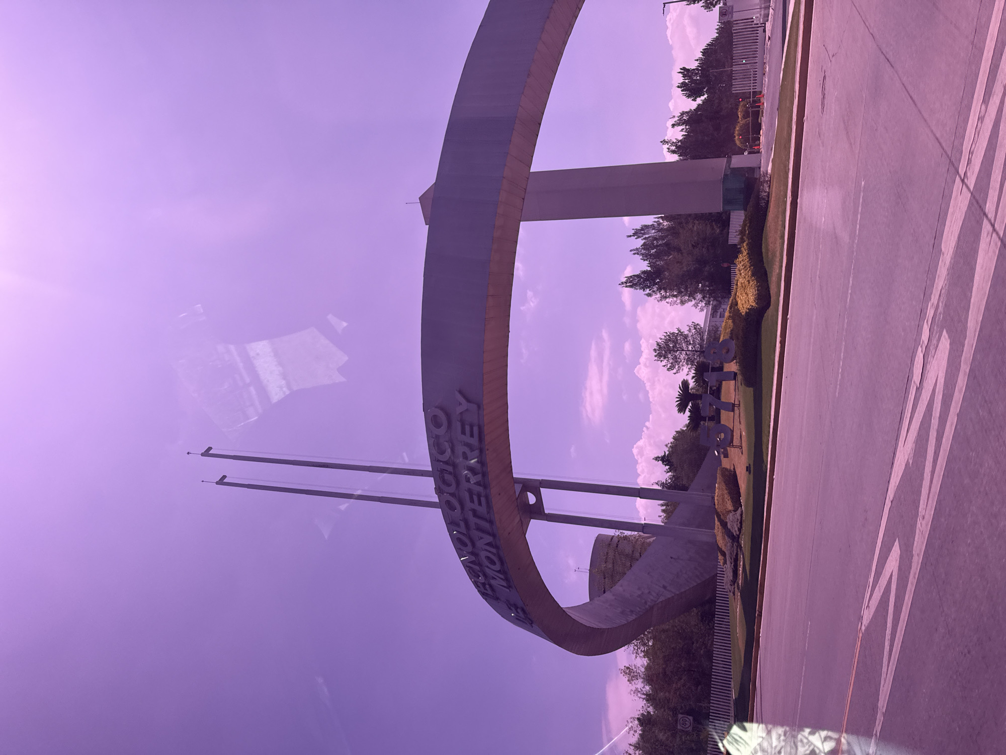 The image shows an entrance arch with the text "TECNOLÓGICO MONTERREY". There are two flagpoles without flags to the left of the arch. Behind the arch, there is a rectangular building. The entrance has landscaping and an access road. The environment includes trees and clouds. The photograph appears to have been taken through a window due to reflections in the lower portion of the frame. The image has a strong pinkish tint. The location is not Heroica Puebla de Zaragoza.