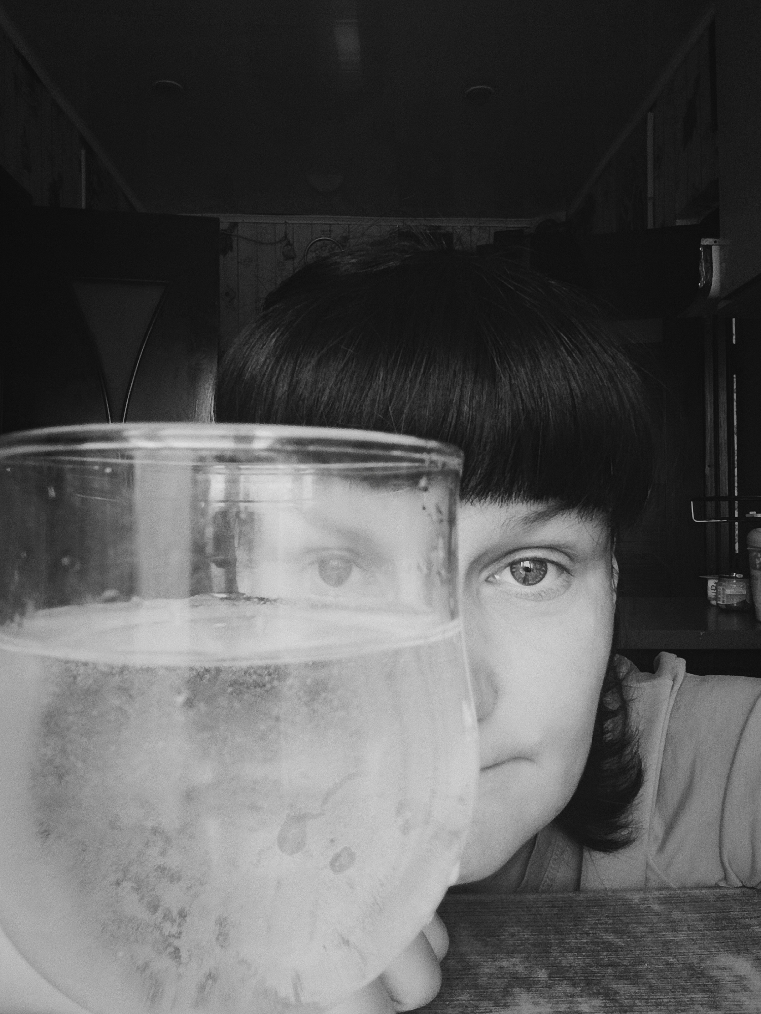 A monochrome image features a woman's face partially obscured by a glass of liquid. The glass is positioned in the foreground, filled with what appears to be water with some visible particulate matter. The woman has dark hair with bangs that reach her eyebrows. Her right eye is clearly visible, while her left eye is partially visible through the liquid in the glass.
The background reveals a dimly lit interior. A dark-colored door is partially visible on the left side. There is paneling on the wall behind the woman, and what appears to be a counter or shelf is visible on the right.
There is no clear indication that the image was taken in the city of Фоки, Russia.