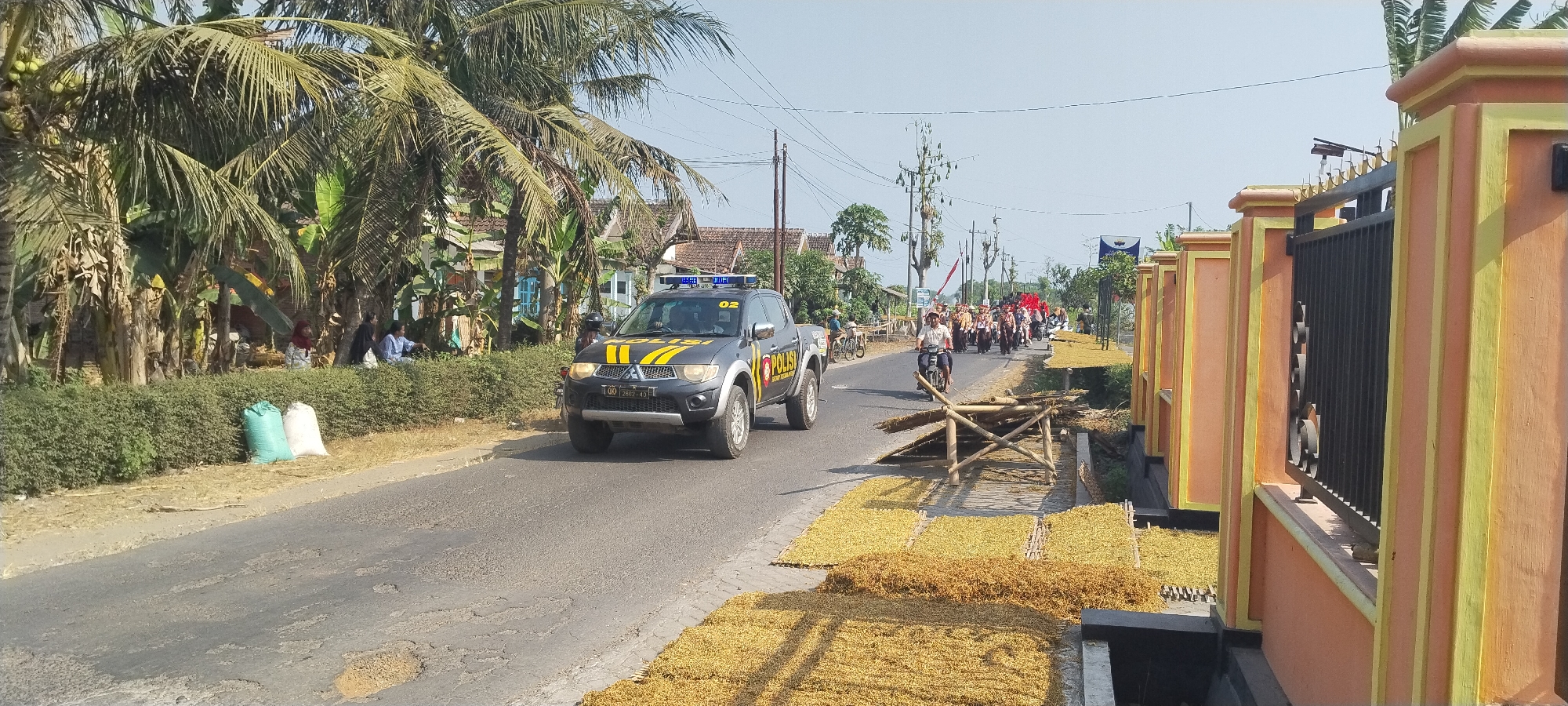 In Yosowilangun Kidul, Indonesia, a police patrol vehicle, marked with "POLISI" and the number "02", drives down a paved road. The vehicle, a dark pickup truck with yellow and black accents, has its emergency lights activated. Along the right side of the road, a brightly painted fence with orange and yellow columns encloses an area where piles of dried goods, possibly tobacco leaves or rice stalks, are spread out on mats. A bamboo structure is set up near the road. On the left side of the road, a line of palm trees and other vegetation lines the area. Several people are visible sitting near the vegetation, and two large sacks, one green and one white, are placed on the ground. In the distance, a procession of people and motorcycles is moving along the road, led by a man on a motorcycle. Houses with tiled roofs are visible in the background. The sky is clear and blue.