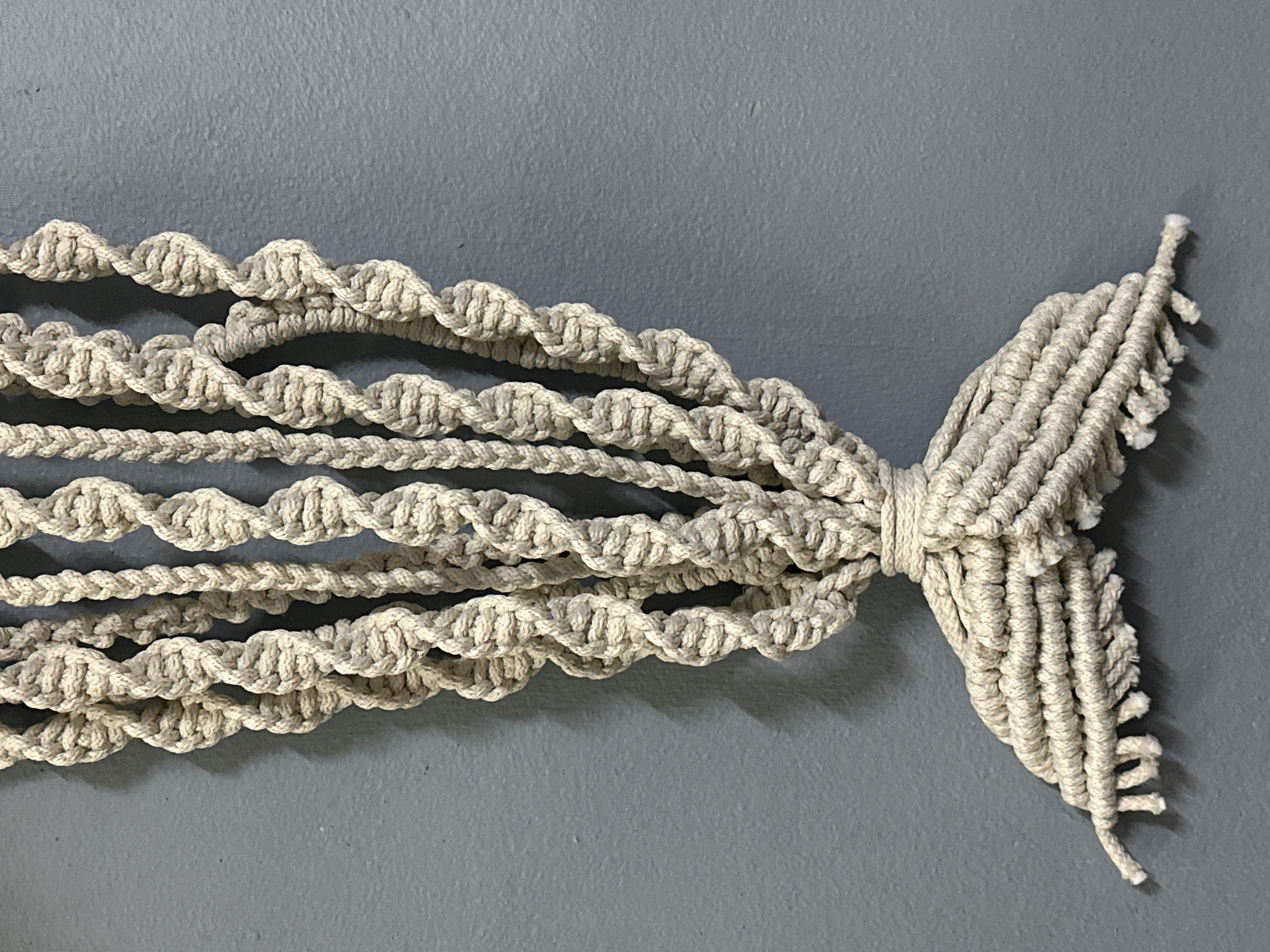 An off-white macrame wall hanging is centered against a plain, textured gray wall. The macrame is made of thick, twisted cord. The top of the macrame features several strands that twist downwards in a spiral pattern. Towards the bottom, these strands are gathered and tied together with a horizontal band of cord. Below this band, the macrame fans out into a wider, flattened section with horizontal lines of braided cord, ending in frayed fringe. The lighting is even, and there are no people or other objects visible in the frame. The location is not specified in the image.