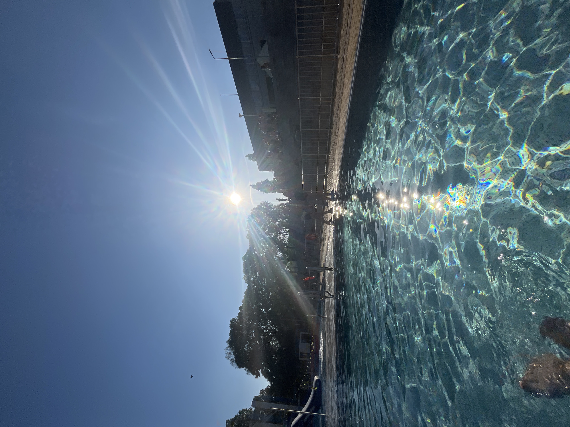 This is a low-angle, first-person perspective photo of a swimming pool on a sunny day. The camera is submerged slightly in the clear blue water, looking towards a bright sun in the sky. The sun is creating lens flares and reflections on the water's surface. In the background, there are trees, a building, and several people standing or sitting near the pool. Some people are visible on steps leading up to the building. A slide is also visible to the left, and a few yellow caution ribbons are strung up. A single bird is flying in the upper left corner of the sky. The overall impression is of a warm, recreational atmosphere.