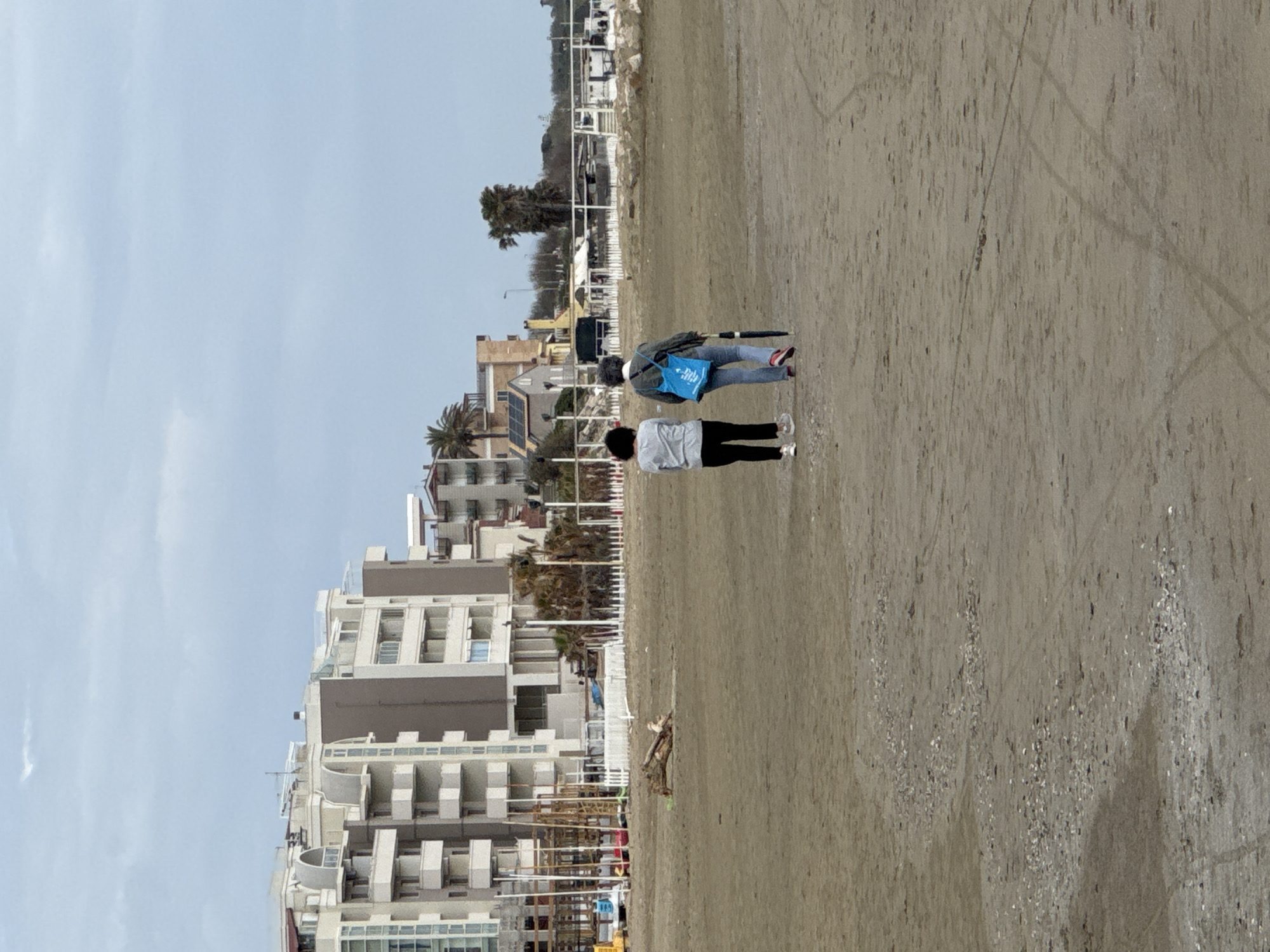 The image, taken in Nettuno, Italy, shows two individuals walking on a wide, sandy beach under a light blue, mostly clear sky. The photo appears to be taken with the camera rotated, showing the horizon vertically.
In the foreground and mid-ground, the sandy beach dominates, appearing firm and light brown, with faint tracks and scattered debris, possibly driftwood, closer to the buildings. Two people are walking away from the viewer towards the left side of the frame (if rotated correctly). The person closer to the viewer wears a white long-sleeved top and dark pants. The person slightly ahead and to the left wears a darker jacket (possibly grey or green), blue jeans, and shoes with red accents, carrying a distinctive bright blue tote bag with an unidentifiable white logo or text. Both individuals appear to have dark, curly hair.
In the background, a line of multi-story buildings, likely apartments or hotels, stretches along what appears to be a promenade or seafront. These buildings are predominantly light-colored with balconies. Palm trees are visible among the structures, enhancing the coastal setting. Some white fences or beach club structures are also visible closer to the sand. The overall impression is that of a daytime stroll on a European beach during temperate weather.