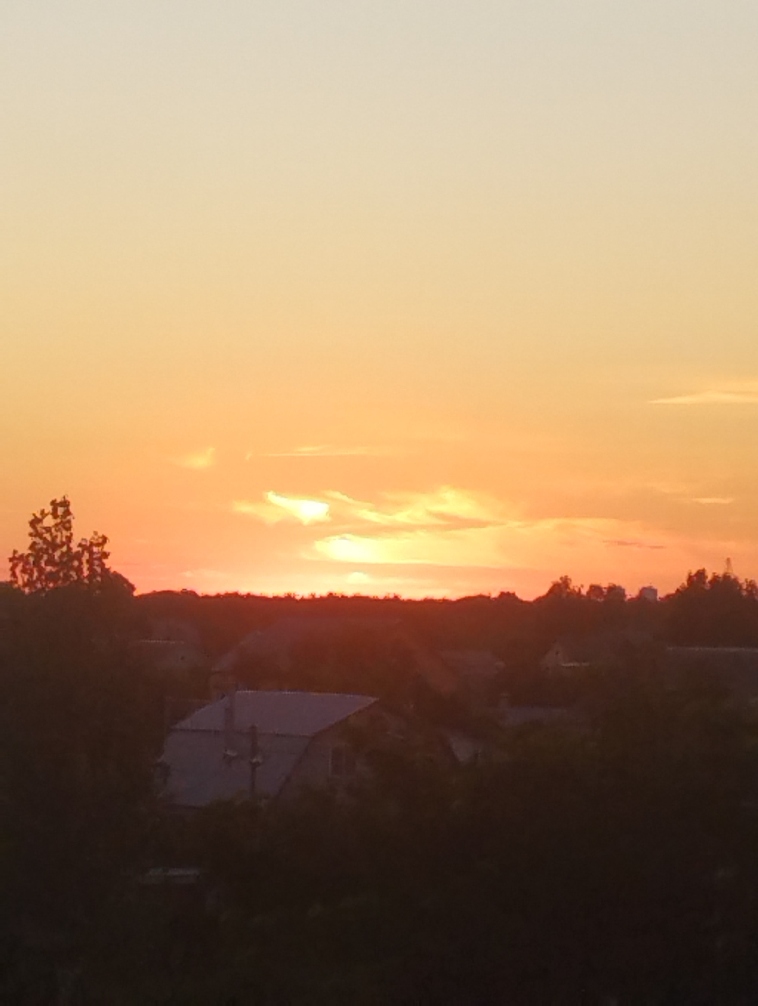 The image depicts a rural landscape at dusk, likely on the outskirts of Homyel, Belarus. The sky is a gradient of warm colors, transitioning from pale yellow at the top to a vibrant orange and red near the horizon, indicative of sunset. Wispy clouds are scattered across the sky, catching the fading sunlight.
In the foreground, silhouetted trees and foliage obscure much of the lower half of the image, creating a dark, hazy effect. Amidst the greenery, several houses are visible. One prominent house in the mid-ground has a dark, angled roof and appears to be a single-story dwelling. Other structures are partially visible, suggesting a residential area or village. The overall atmosphere is serene and tranquil, characteristic of a peaceful rural evening. No people are visible in the scene.