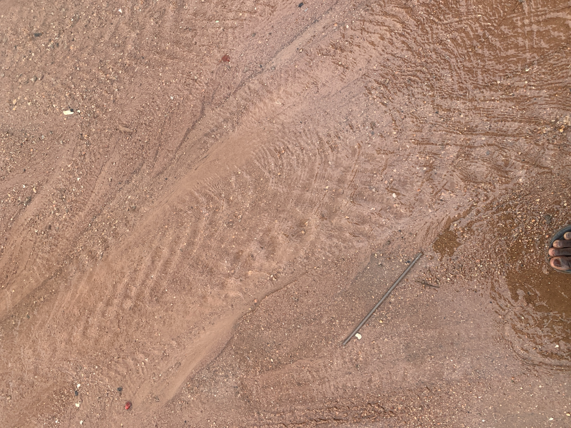 The image shows a close-up, high-angle view of a muddy, reddish-brown dirt surface with some water flow, likely after rain. There are small pebbles and sand particles visible. In the lower left, a person's foot wearing a dark sandal is partially visible, with bare toes. A thin, dark cylindrical object, possibly a twig or a piece of debris, lies horizontally across the frame. The texture of the ground suggests it has been recently disturbed or eroded by water, with faint ripple marks visible in some areas. The overall impression is of an outdoor, unpaved surface in a potentially rural or semi-urban environment. Given the description of Jalingo, Nigeria, this scene could depict a common ground condition in the city, especially during or after periods of rainfall.
