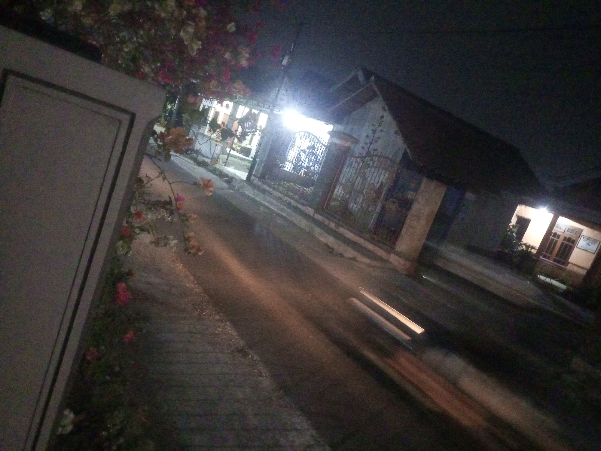 This is a night-time, low-light, slightly blurred, wide-angle photograph of a residential street in Ngasem, Indonesia. The image captures a residential area with a paved road running diagonally from the foreground to the background. On the left side of the road, there is a grey wall with a recessed rectangular panel, bordering a pedestrian walkway with some plants and flowers. On the right side of the road, there are houses with illuminated windows and doors, and ornate metal gates. One house on the right features a dark-tiled roof and a light-colored facade with multiple windows. The street itself shows reflections of lights, possibly from streetlights or passing vehicles, creating streaks of light across the dark asphalt. The sky is dark, indicating it is nighttime. There are no visible people in the image. The overall impression is of a quiet, dimly lit suburban street in Indonesia.