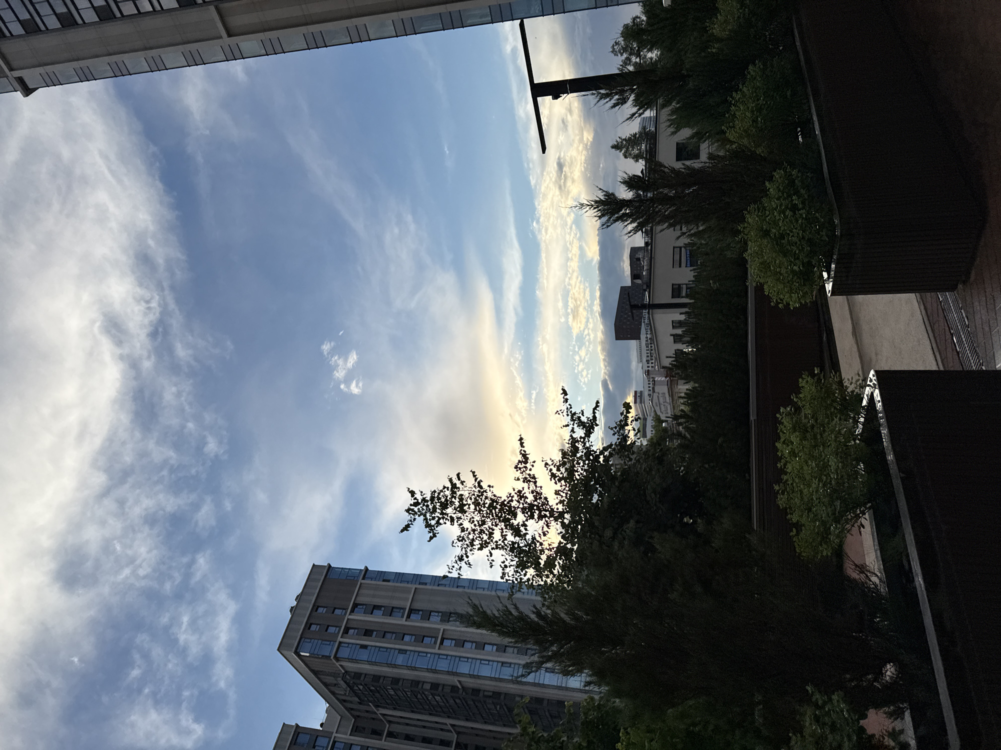 The image captures an outdoor view of a contemporary urban environment, likely a residential complex, with buildings and vegetation in the foreground and mid-ground, and a sky with clouds in the background. The scene is characterized by a mix of man-made structures and natural elements, suggesting a designed outdoor space within a city.
On the left side of the frame, a tall, modern building with a glass facade is visible. Its architecture suggests a residential or office tower, common in urban settings. To the right of this building, several mature trees and evergreen shrubs are present, some of which appear to be in planters. The foliage is dense and dark green, creating a natural barrier or aesthetic feature in the foreground.
In the mid-ground, the tops of other buildings are visible, including lower-rise structures that contrast with the height of the main tower. These buildings have a more conventional architectural style, with visible windows and rooftops. There is also a prominent street lamp or lighting fixture with a horizontal arm, positioned in the right-center of the image.
The sky occupies a significant portion of the upper frame. It is a pale blue, with wispy white clouds scattered across it. Some of the clouds are illuminated by sunlight, suggesting it is either early morning or late afternoon, possibly nearing sunset, given the soft, diffused light and the presence of warm tones in some parts of the cloud formations. The overall lighting is subdued, contributing to a calm and somewhat serene atmosphere.
The image appears to be taken from an elevated position, possibly a balcony or a higher floor of a building, looking out over the surroundings. The perspective offers a broad view of the urban landscape, with a focus on the interplay between architecture and nature. The scene does not contain any people, animals, or overt actions, presenting a still, observational quality.
The description implies a location within a developed urban area, potentially Moscow, Russia, given the architectural style and the general appearance of the cityscape.
