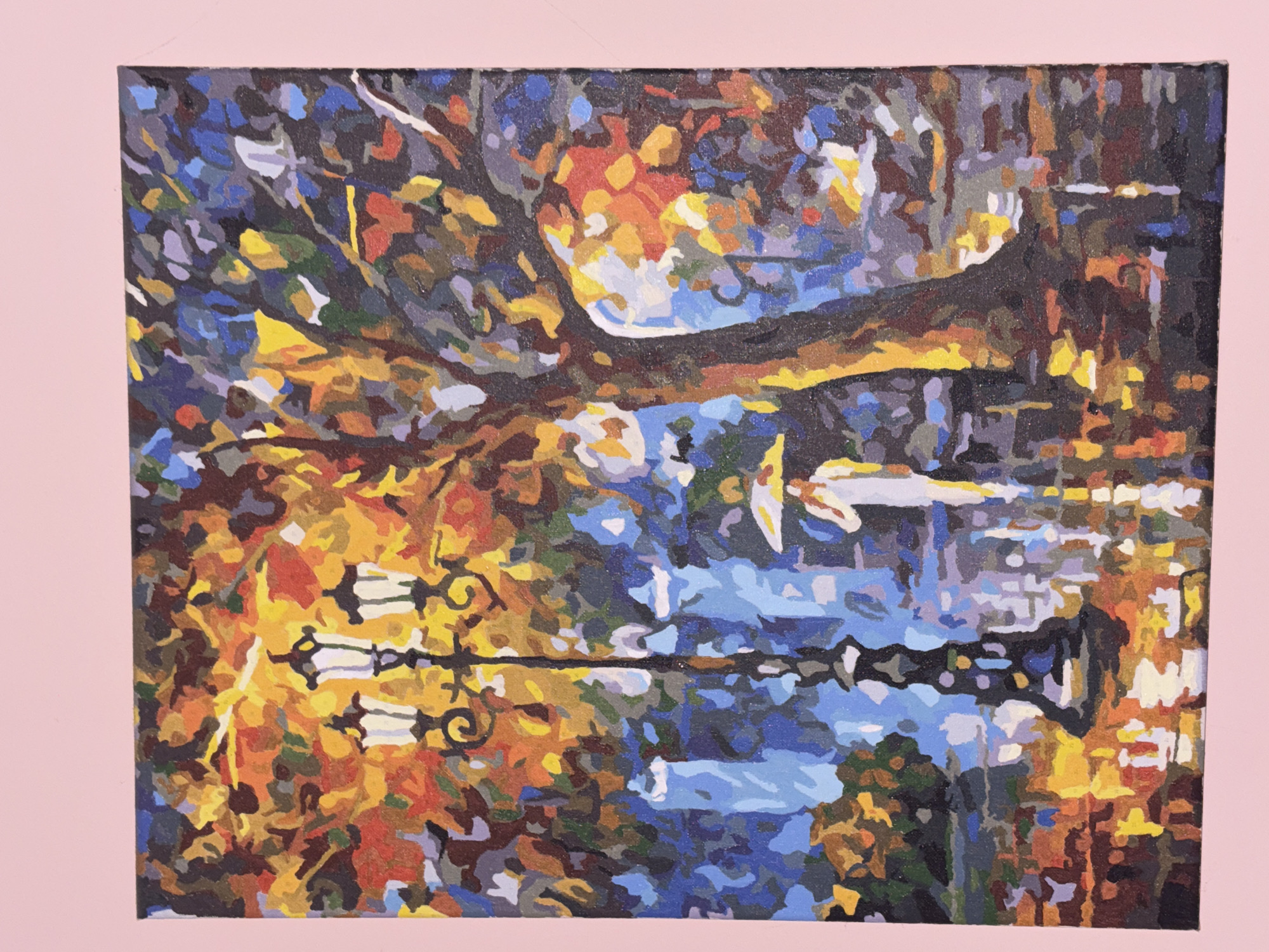 The image shows an abstract painting depicting a cityscape, possibly a reflection on water. There are no discernible people present. The subjects appear to be architectural features such as street lamps, structures, and trees, with a color palette dominated by blues, yellows, browns, and grays. There are no obvious actions taking place. The environment seems to be an urban setting, though the style is abstracted and the specific location within Montana, Bulgaria, cannot be definitively determined without further information.