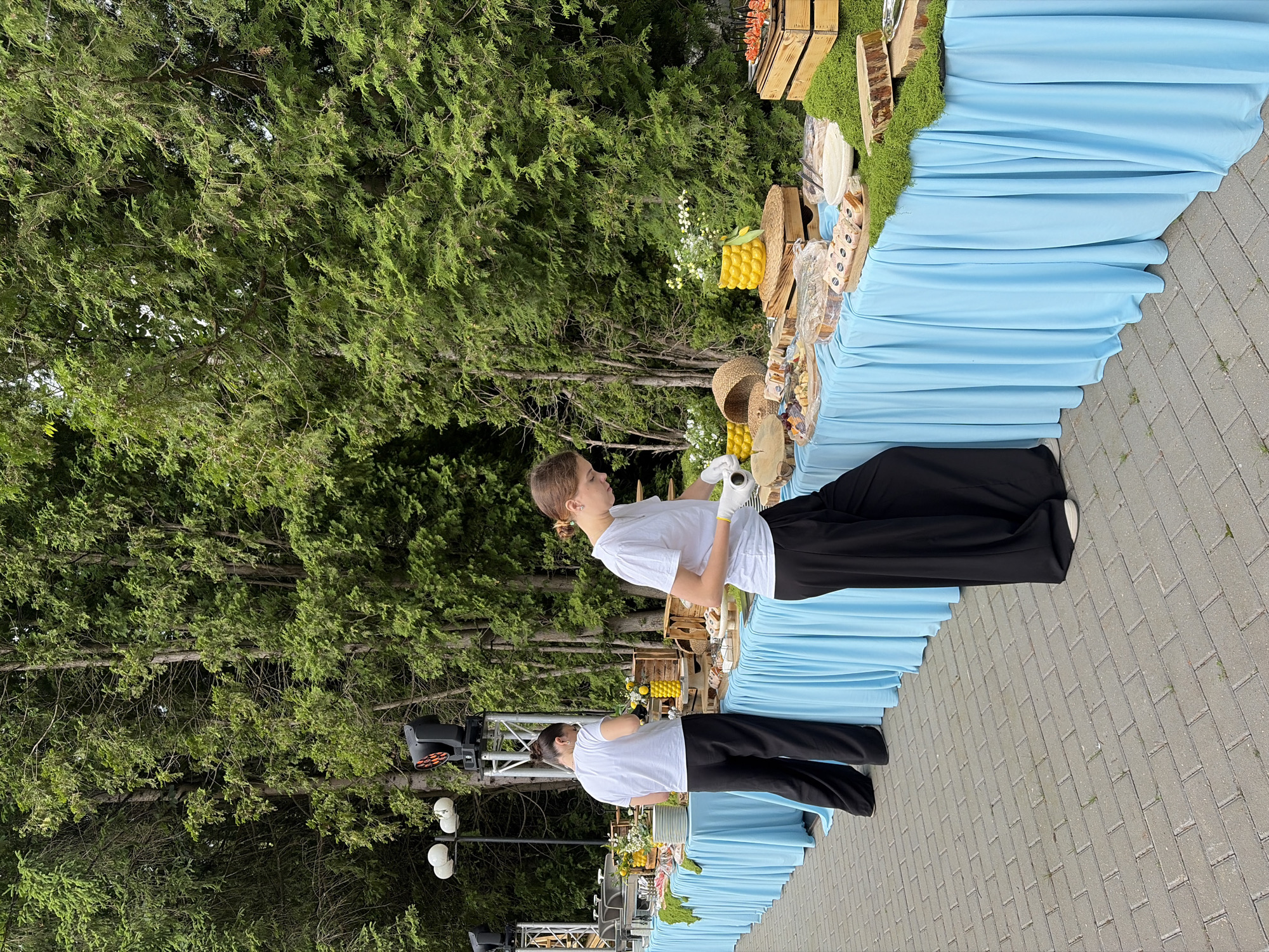 Two young people, likely servers or staff, are positioned behind a long table draped with a light blue cloth. The table is laden with a variety of food items, including what appears to be cheese, bread, and fruit, displayed on wooden crates, baskets, and platters. Green moss and slices of wood are used as decorative elements. In the background, a dense line of green trees forms a natural backdrop. The ground is paved with interlocking bricks, suggesting an outdoor venue. To the left, stage lighting equipment is visible, indicating a potential event or performance space. One individual, in the foreground, is wearing a white shirt and black pants, and is holding a white cylindrical object. The other individual, further back, is similarly dressed and is also holding an object. The scene suggests an outdoor catering setup for an event. The lighting implies it is daytime. There is no visible text in the image.