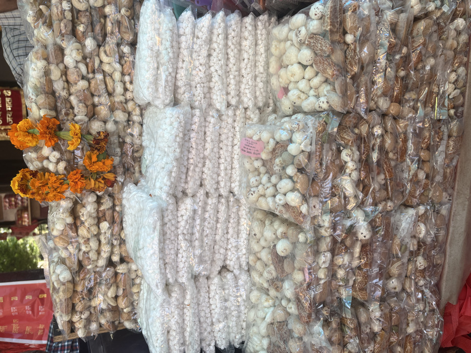 The image shows a vendor's stall in Panchkula, India, located at latitude: 30.725, longitude: 76.86. The stall is filled with numerous plastic bags containing various types of seeds and nuts. The bags are stacked in rows, with a garland of orange flowers resting on top. The vendor is not visible in the image.  The bags are likely for sale.  The nuts and seeds appear to be of different sizes and shapes, with some being round and white, while others are larger and brown. The scene is a street market stall, likely in an urban setting.  The environment is busy, as evidenced by the variety of objects and goods on display.