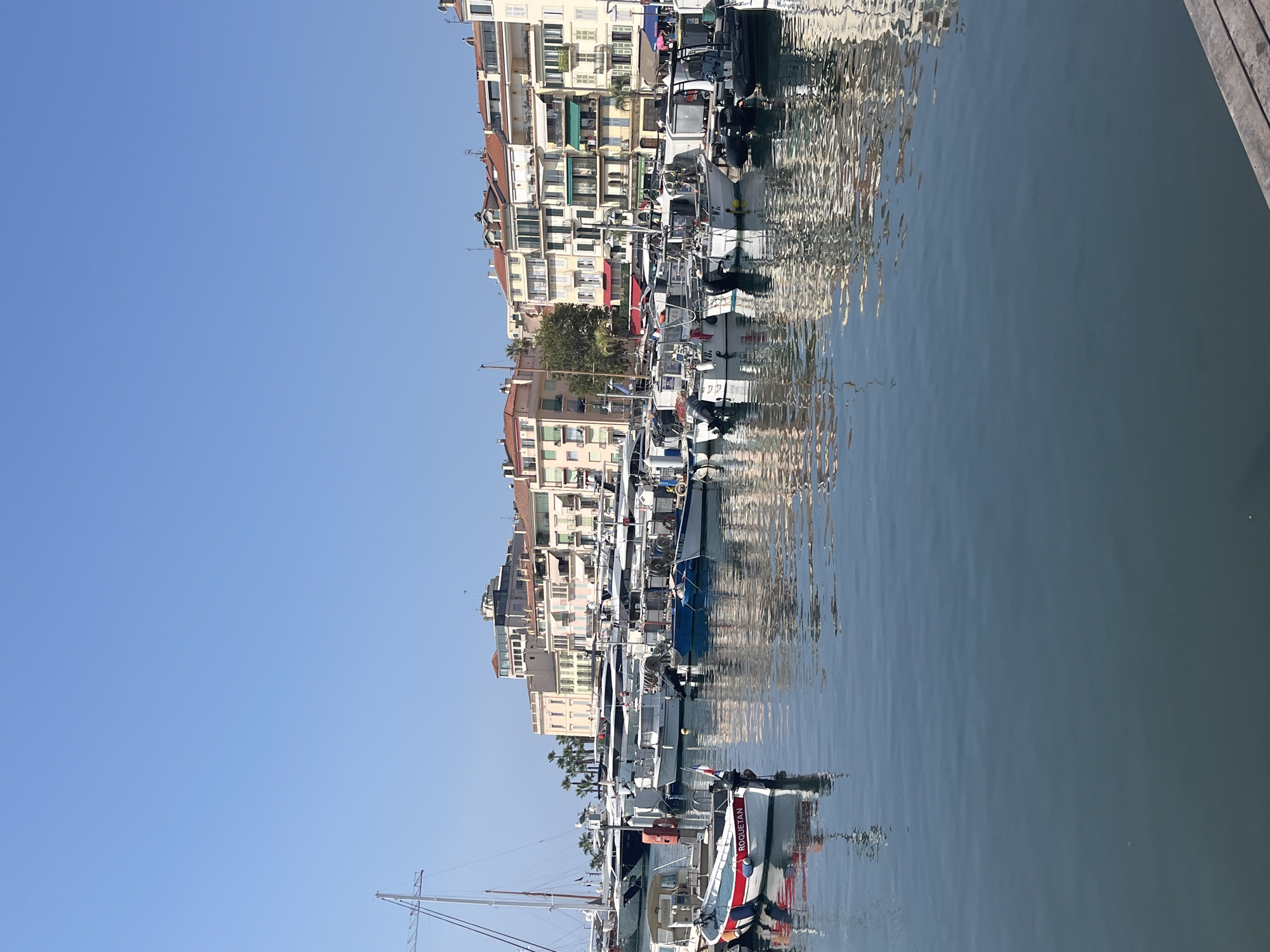 The image depicts a bright, sunny day in the port of Cannes, France, with a clear blue sky overhead. The foreground is dominated by the calm, reflective waters of the harbor. Moored boats of various sizes fill the middle ground, ranging from small fishing vessels to larger yachts. The boats are tightly packed, suggesting a busy harbor. In the background, a row of multi-story buildings with distinct architectural features, including balconies and arched windows, lines the waterfront. These buildings display a palette of pastel colors. Several palm trees are visible amongst the buildings, hinting at the Mediterranean climate. The overall scene is one of a picturesque coastal city.