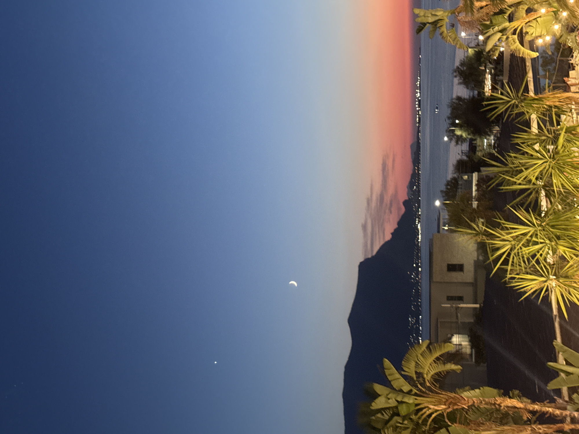 The image depicts a twilight scene of Isola delle Femmine, Italy, overlooking the Gulf of Palermo. A clear, deep blue sky transitions to a vibrant orange and pink sunset horizon. A crescent moon is visible in the upper left quadrant, alongside a bright star or planet. In the foreground, lush green palm trees and spiky yucca plants frame the view. Beyond them, a cluster of buildings with illuminated windows and streetlights are nestled against a dark, silhouetted mountain range that forms the background. The sea stretches out in the middle ground, reflecting the sunset colors, with scattered lights from a coastal town visible along its edge. The overall impression is one of a serene evening setting in a coastal Italian town.
