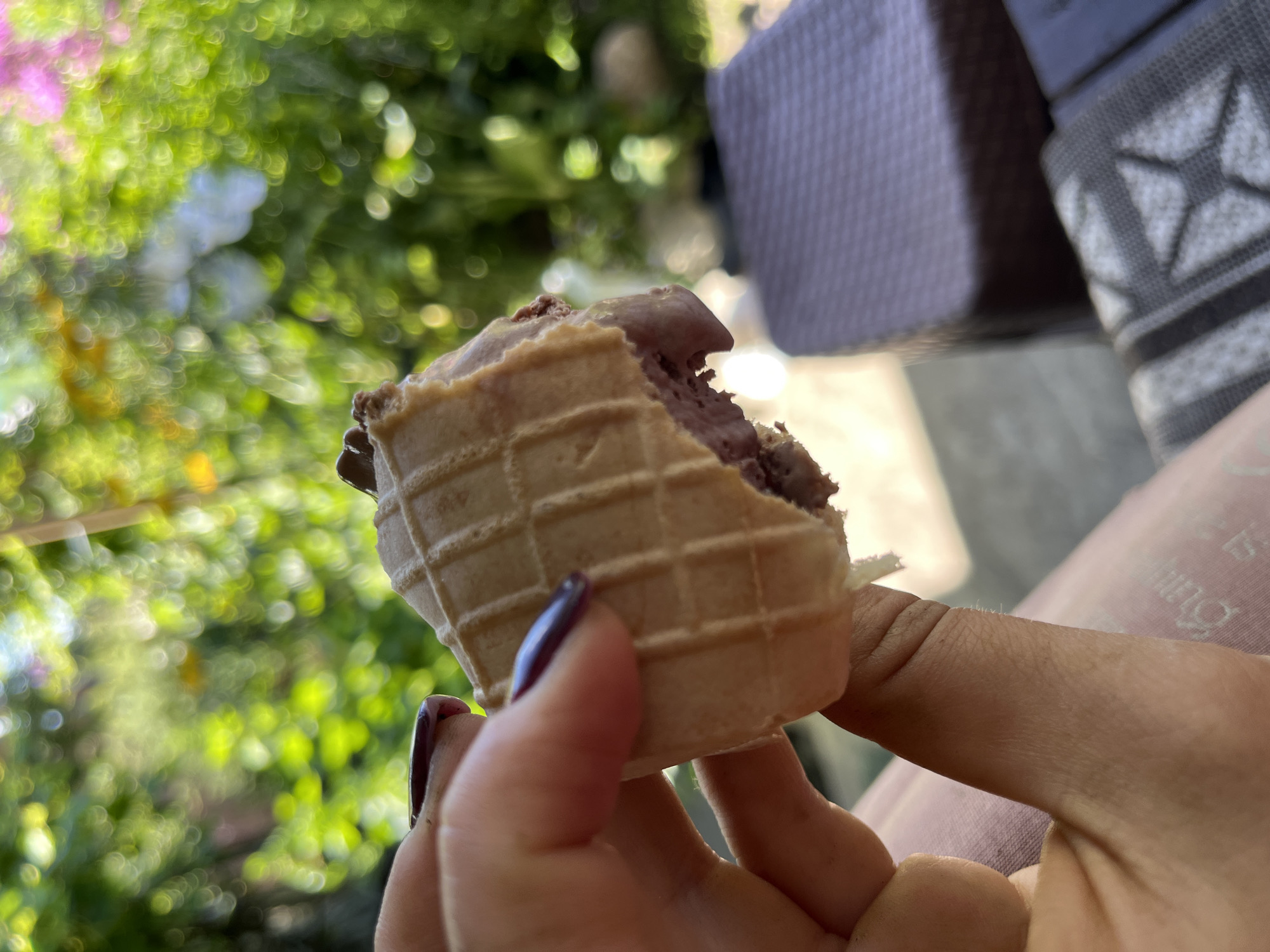 A close-up shot shows a person's hand holding a partially eaten ice cream cone with a bite taken out of it. The ice cream appears to be a light brown or purple color and is contained within a waffle cone. The hand has dark purple nail polish on its fingernails. In the background, there is a blurred garden scene with lush green foliage and hints of pink and white flowers. A dark brown wicker-like textured chair or table is visible in the lower right corner. The lighting suggests it is daytime, likely outdoors. The location of Дунілавіцкі сельскі Савет, Belarus is not discernible from the image.