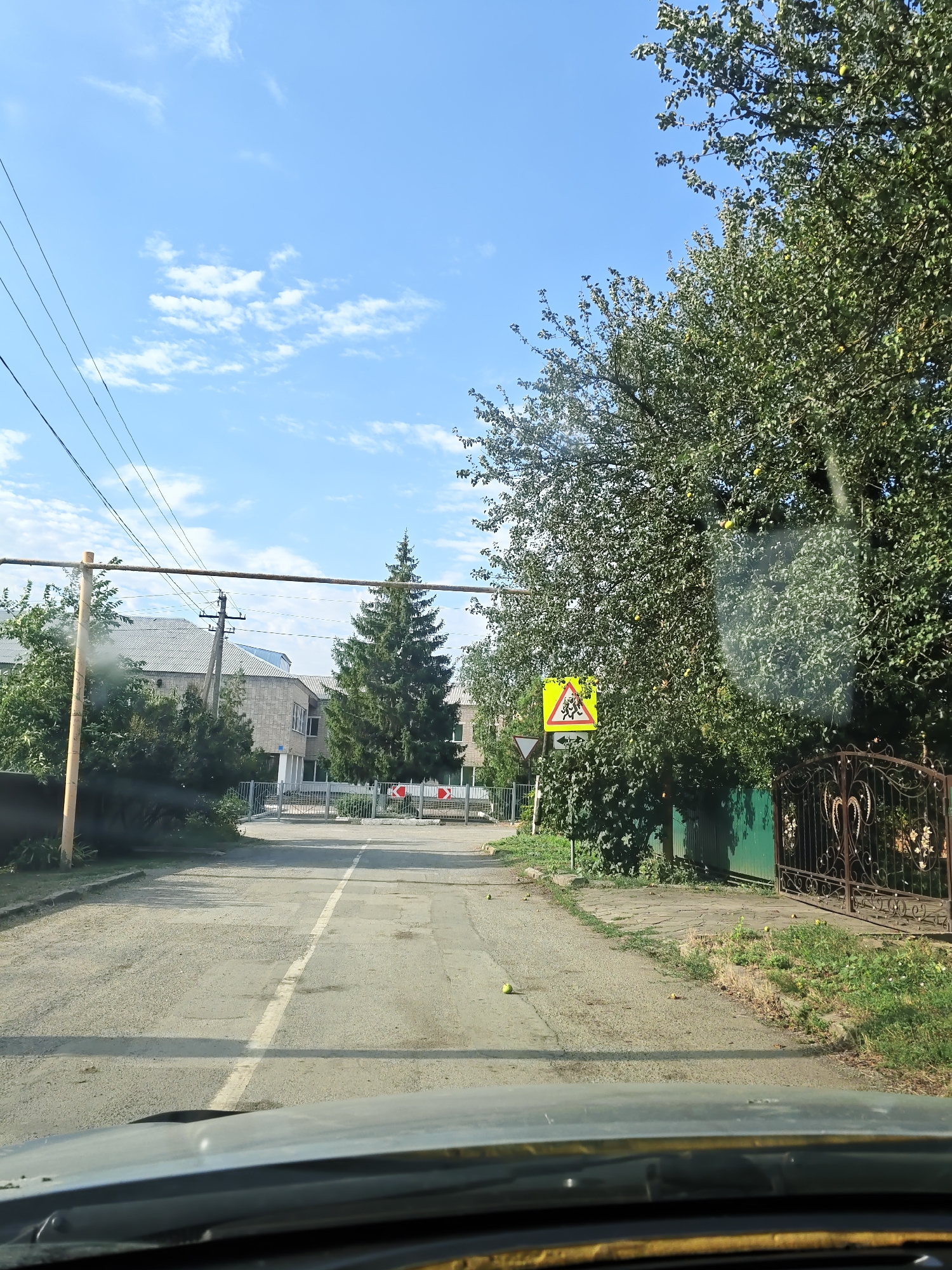 This is a ground-level, eye-level shot of a road leading to a gate, likely in a residential area. The road surface is asphalt with a white dividing line. On the right side of the road, there is a large tree with green leaves and some yellow fruit, and an ornate wrought-iron gate. On the left side of the road, there are power lines supported by a wooden pole and a structure resembling a building with a grey roof. In the distance, there is a tall Christmas tree and a gated entrance with red and white barrier signs. A yellow traffic sign depicting children crossing is visible on the right side of the road. The sky is blue with scattered white clouds. The scene appears to be in Nizhnedonskoy, Russia.