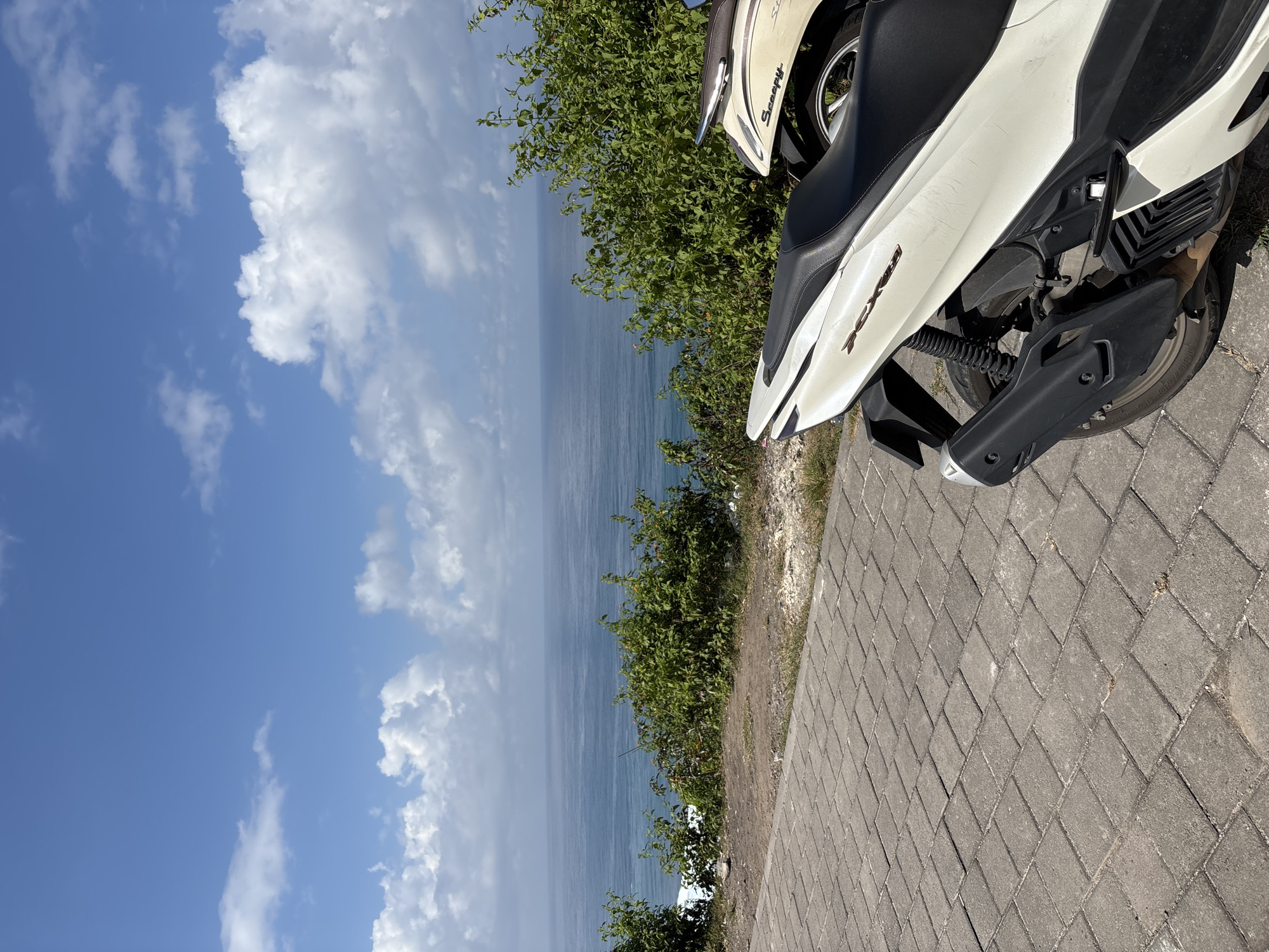 This image captures a serene coastal scene in Kuta Selatan, Indonesia, under a clear, bright blue sky dotted with scattered white clouds. The vast expanse of the ocean, ranging from deep blue to lighter shades, stretches towards the horizon, occupying a significant portion of the background.
In the midground, a vibrant band of dense green bushes acts as a natural barrier between the ocean view and the paved area in the foreground. This paved surface, made of interlocking grey concrete pavers, suggests a viewpoint, pathway, or parking area.
Two scooters are prominently featured on the paved ground in the foreground. The most visible is a white and black scooter, identified by the text "PCX" visible on its side, indicative of a Honda PCX model. Behind it, partially obscured, is another scooter, beige or cream-colored, with the word "Scoopy" discernible on its rear fender, suggesting a Honda Scoopy. Both scooters appear to be parked, hinting at a stop to admire the picturesque surroundings.
The time of day is clearly daylight, likely late morning or early afternoon, given the bright, direct sunlight and distinct shadows. The weather is sunny and clear, contributing to the tranquil atmosphere. No people are visible in the photograph. The overall impression is one of a peaceful, tropical coastal landscape, perfect for outdoor exploration.