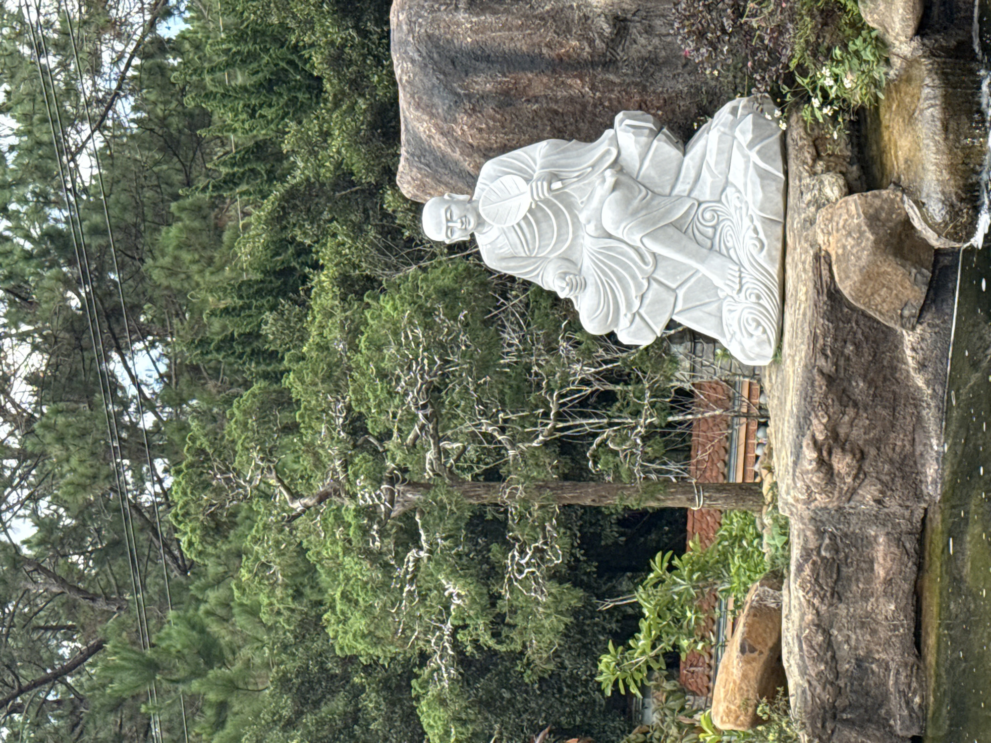 The image depicts a serene outdoor scene at the Truc Lam Zen Monastery in Da Lat, Vietnam. In the foreground, a tranquil pond reflects the surrounding greenery and a rock formation. Adjacent to the pond, a white stone statue of a monk is seated on a rock, holding a fan. The monk's serene expression and posture suggest a meditative state. Behind the statue, a large, rough-textured boulder adds a natural element to the landscape. The background is dominated by lush, dense foliage, with various shades of green from the trees and bushes. A twisted, aged tree with intricate branches stands to the left of the statue, adding character to the scene. The monastery's architecture is subtly hinted at with a tiled roof visible beyond the trees. Power lines are visible crisscrossing the upper portion of the image, providing a contrast between nature and infrastructure. The overall atmosphere is one of peace and tranquility, characteristic of a Buddhist monastery.