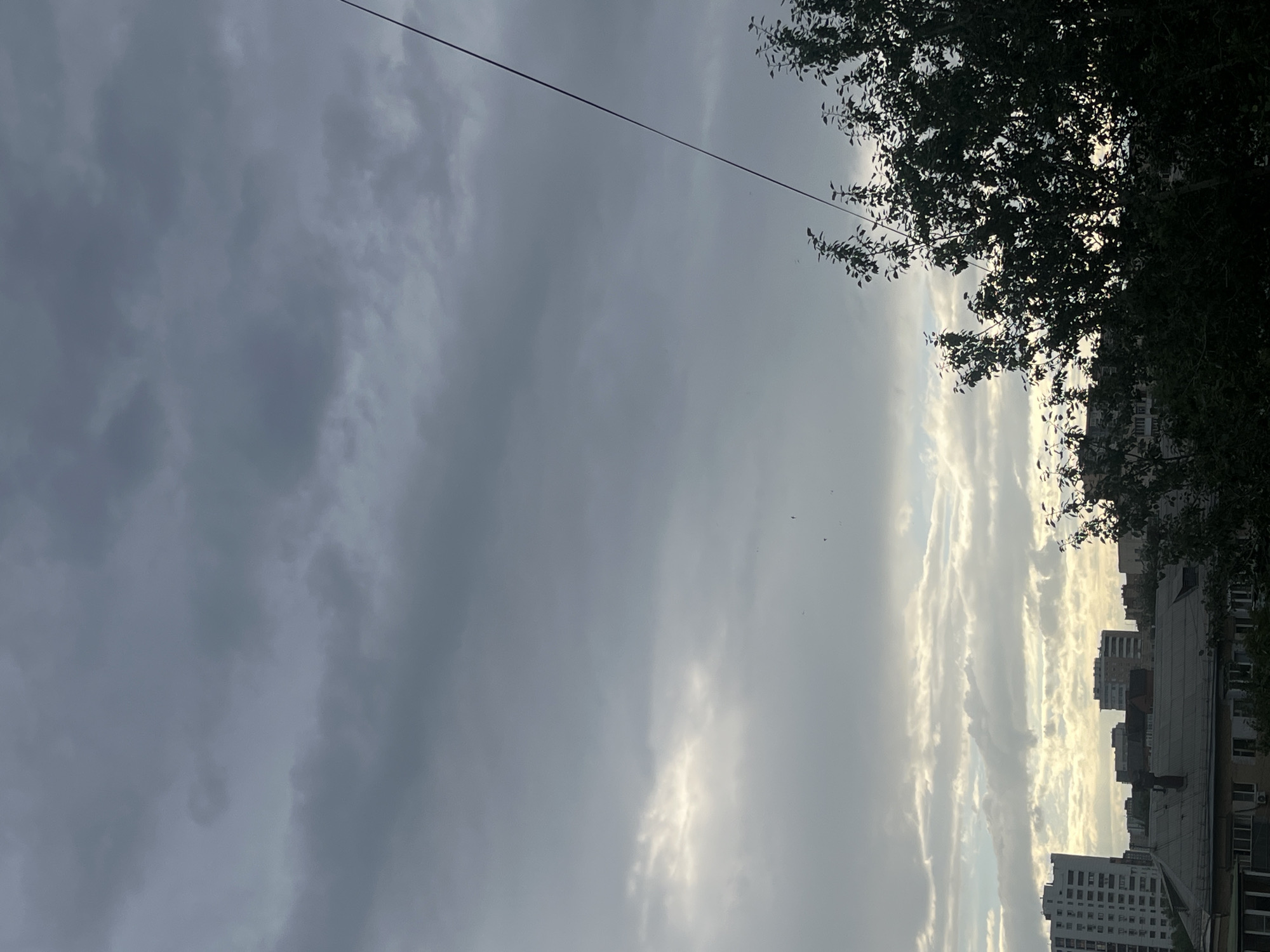This media file captures an outdoor scene featuring a cloudy sky over a city. The image is oriented vertically. In the foreground, the branches of a leafy tree are visible on the right side, silhouetted against the sky and a cluster of buildings. The buildings appear to be multi-story residential structures, some with visible windows and balconies.
The sky is filled with a mix of gray and white clouds. On the right side of the image, a band of brighter, illuminated clouds suggests sunlight breaking through or reflecting off the cloud cover, possibly indicating late afternoon or early evening. The overall impression of the sky is overcast with patches of brightness. A thin, dark line, likely a wire, stretches diagonally across the upper portion of the frame. Several small, dark specks that could be birds are visible in the sky.
The scene depicts an urban environment, likely a residential area in Chelyabinsk, Russia. There is no discernible activity taking place, and no people are visible. The weather appears to be temperate, with clouds suggesting a chance of rain or simply overcast conditions. The time of day is likely late afternoon or early evening based on the lighting. No text is visible in the image.