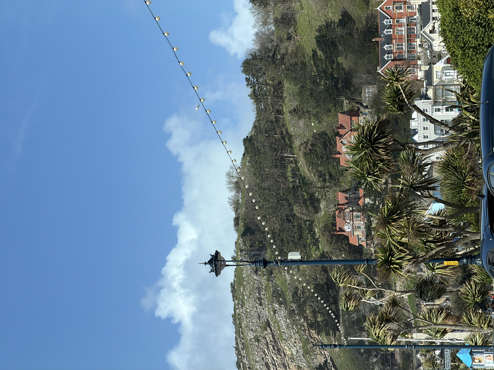 The image depicts a scene in Llandudno, United Kingdom, with a view of a cliff face partially covered in greenery. Several buildings with red roofs are visible on the hillside, nestled among the trees. In the foreground, palm-like trees line the street. A string of lights extends diagonally across the frame from the top left, leading towards a tall lamppost with decorative elements on top. Blue sky with white clouds fills the upper left portion of the image. Part of a dark-colored vehicle is visible on the right. A sign indicating "Mostyn Catholic Church" can be seen in the lower right corner.