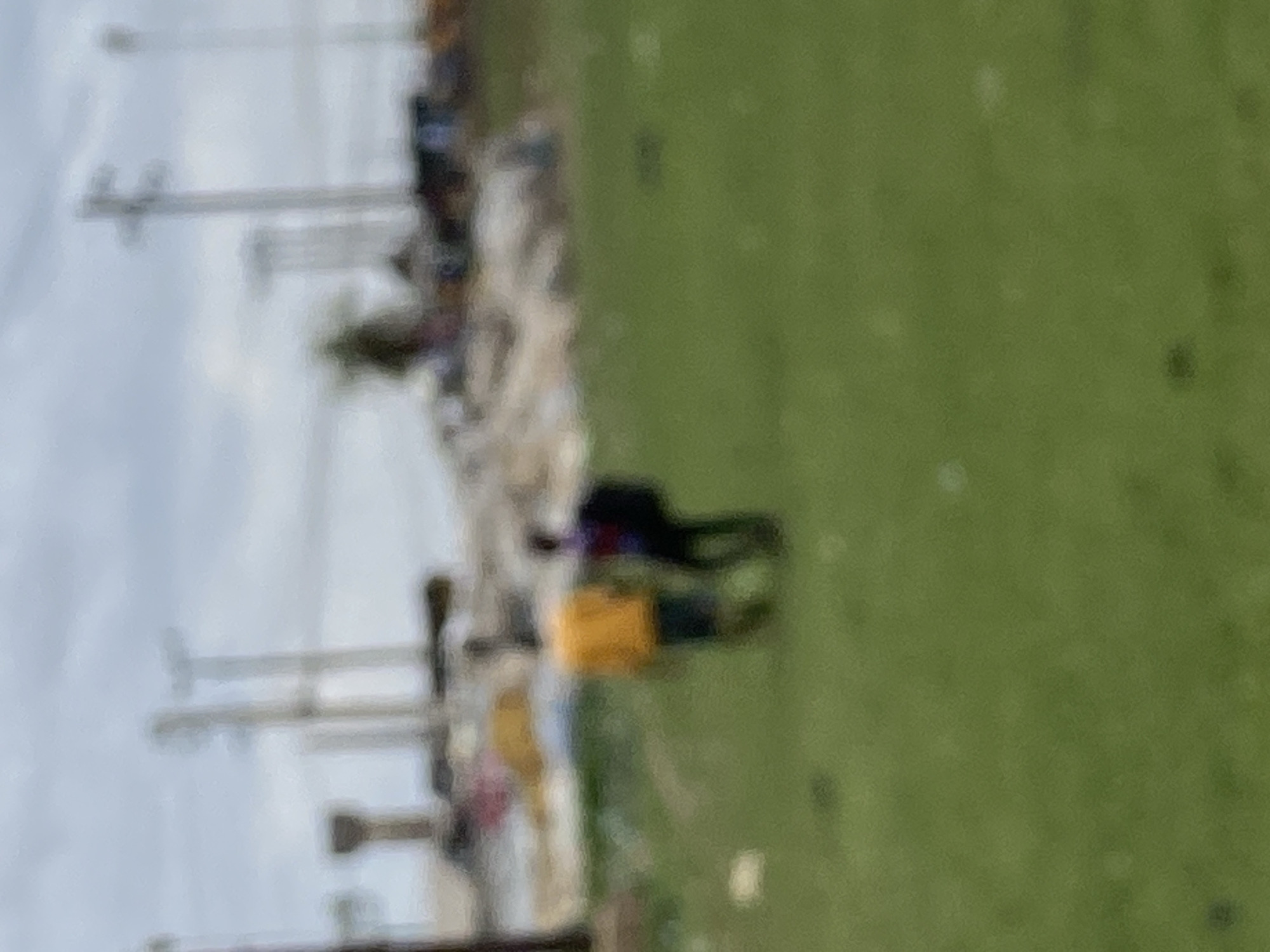 The image, taken in Bukuru, Nigeria, shows a grassy field with several indistinct figures. One figure appears to be wearing a yellow shirt. There are electrical poles and lines visible in the background, along with a group of other people. The scene is somewhat blurry.