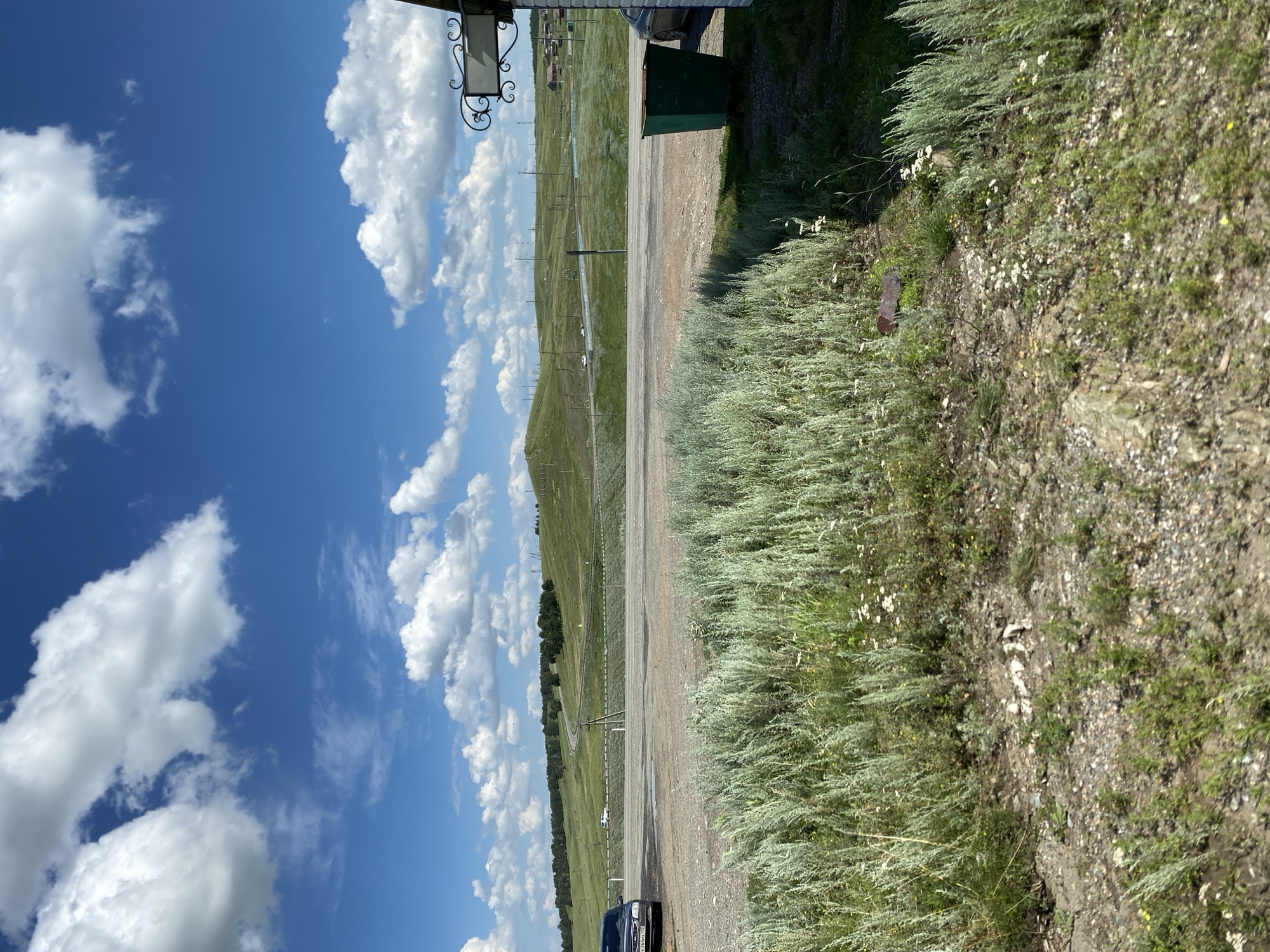 The image depicts a rural roadside scene under a bright blue sky with scattered white clouds. In the foreground, tall, feathery green brush lines the edge of a gravelly area. Beyond this, a paved road curves into the distance, flanked by green rolling hills. Power lines and poles are visible scattered across the landscape, with a few trees dotting the hillsides. A dark-colored sedan is parked on the left side of the road. On the right side of the image, a dark green trash bin stands next to a building, part of which is visible. The scene appears to be located in Yuldybayevo, Russia, given the overall aesthetic of the rural landscape and structures. There are no people visible in the image.