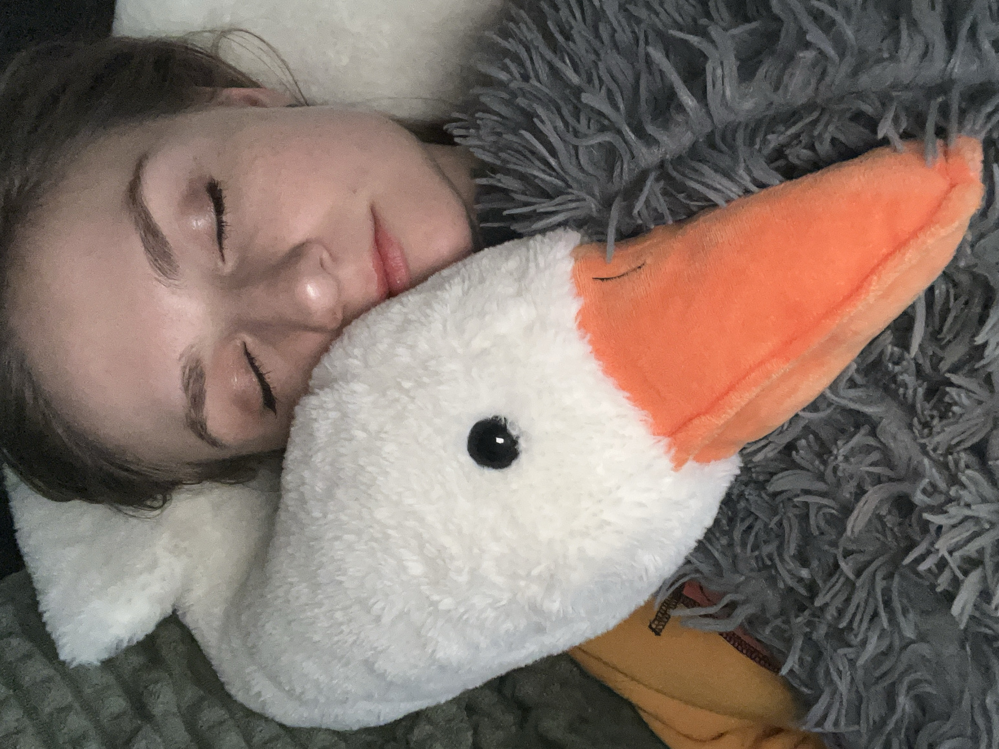 A woman is asleep, resting her head on a white, plush, stuffed goose. The goose has an orange beak and a black eye. The woman is fair-skinned with closed eyes. She is partially covered by a gray, shag-carpet-like blanket. The location is unknown.