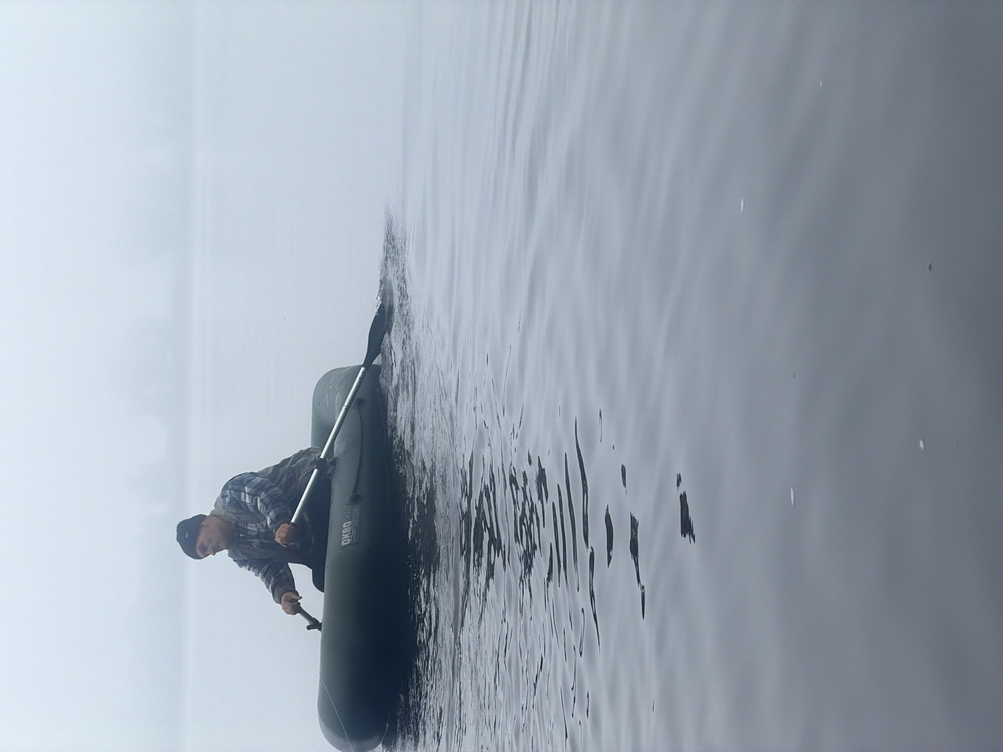 A man is depicted rowing a dark green inflatable boat across a calm body of water under misty or foggy conditions. The image, presented vertically but portraying a horizontal scene, shows the man seated in the boat, holding a long paddle with both hands as if actively propelling it. He is dressed in a blue, white, and grey plaid shirt, dark trousers, and a dark baseball cap, with a calm and focused expression as he looks forward.
The water surface appears smooth with subtle ripples and reflections, particularly visible around the boat and extending across the frame. The background and horizon are obscured by a pervasive light grey mist or fog, creating a soft, ethereal atmosphere and blurring the distinction between water and sky. This suggests either an early morning, late afternoon, or an heavily overcast day with diffused light.
The scene conveys a sense of tranquility and solitude. The letters "OSBO" are visible in white lettering on the side of the inflatable boat. The activity takes place on a large body of water, possibly a lake or wide river, in a serene natural setting, consistent with the location context of Noviy, Russia.