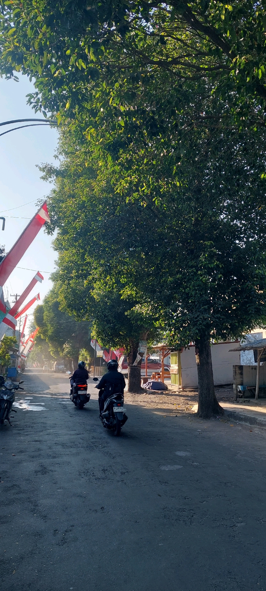 The image shows a street scene in Lumajang, Indonesia, likely during the daytime. Two individuals are riding motorcycles in the same direction on a paved road. The road surface appears somewhat worn with visible patches and cracks. On the left side of the road, there are several red and white Indonesian flags displayed on poles, suggesting a national celebration or event. Large trees with dense green foliage line the right side of the street, providing shade. Buildings and small stalls are visible along the roadside. The sky is clear and bright, indicating good weather. The overall impression is of a typical urban or suburban street in Indonesia.