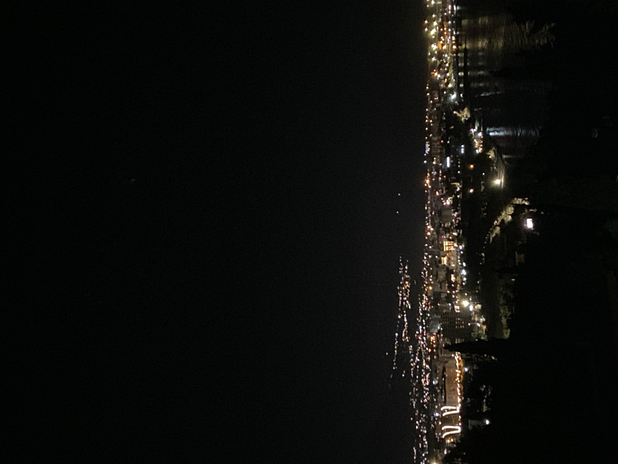 The image depicts a nighttime view of Šušanj, Montenegro, from an elevated position. The city lights are visible along the coastline, stretching into the distance. The dark expanse of the Adriatic Sea occupies a significant portion of the frame. Some details of buildings and roads can be discerned amidst the lights. The foreground is dominated by darkness, likely representing vegetation or unlit terrain.