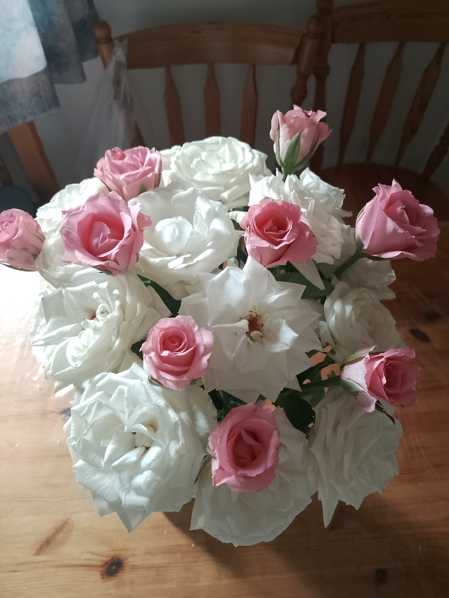 A close-up, overhead shot depicts a bouquet of white and pink roses arranged in a vase, placed on a wooden table. The roses are the central focus, with their petals varying in fullness and stage of bloom. Some white roses are fully open, revealing their intricate layers, while others are more tightly budded. The pink roses are scattered throughout the bouquet, with a few more prominent than others. The wooden table's grain is visible, adding a natural texture to the scene. In the background, a wooden chair with a curved back is partially visible, suggesting an indoor setting. The lighting appears to be natural, casting soft shadows and highlighting the delicate features of the flowers. The image does not provide any specific indicators of its location within Rheda-Wiedenbrück, Germany.
