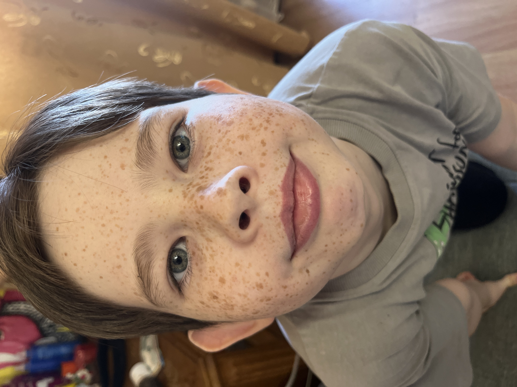 A close-up, high-angle photograph depicts a young boy with fair skin and numerous freckles. He has brown hair and light-colored eyes. He is wearing a gray t-shirt. The background is blurred but includes what appears to be a wooden surface and other objects. The location is not discernible from the visual information provided and cannot be said to be in Chaikovsky, Russia.