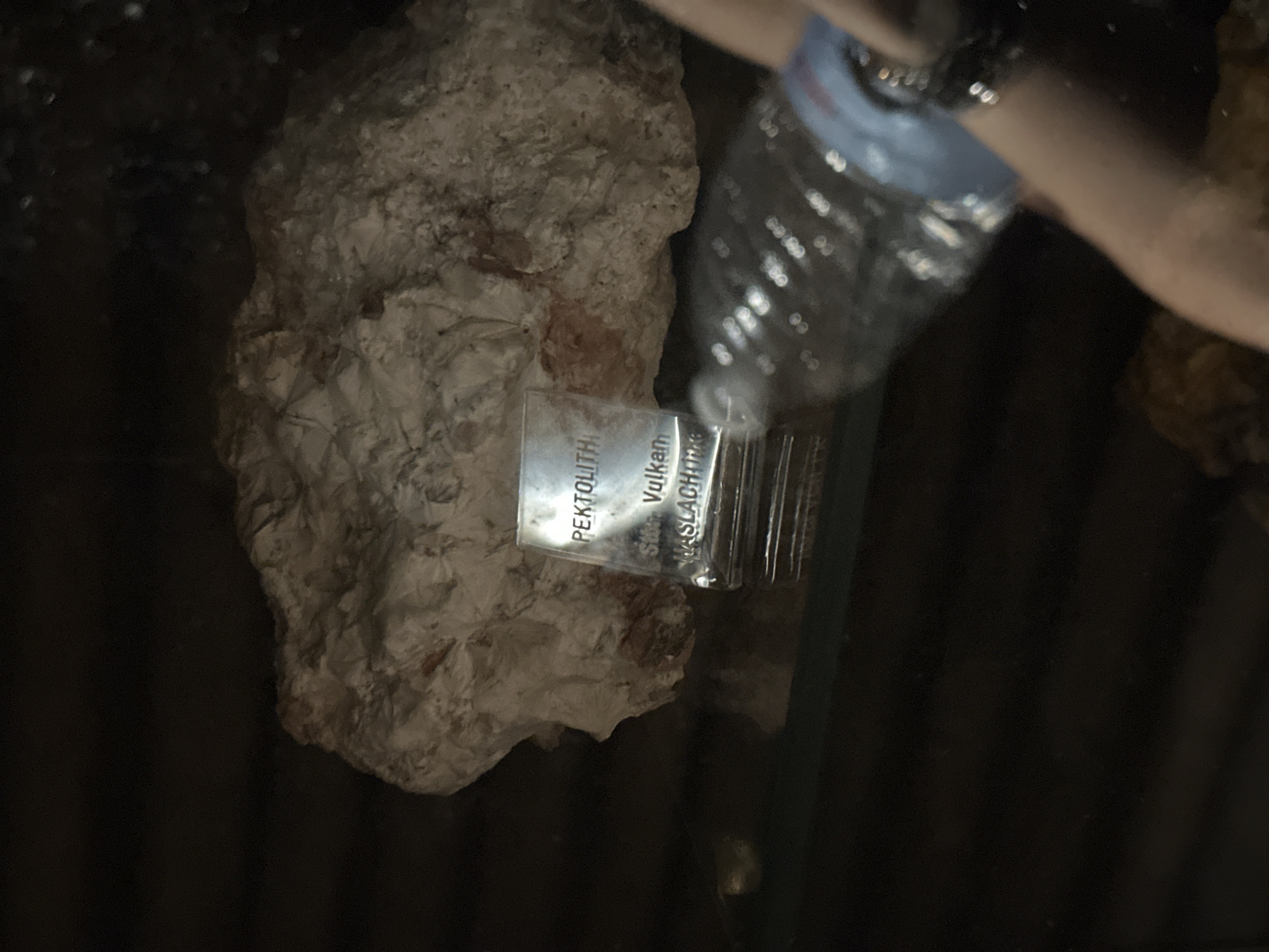 The image shows a geological sample labeled "PEKTOLITH" with additional text below, appearing to be in German: "Stk. Vulkan / WASLACHT". The sample itself is a rough, light-colored rock with reddish inclusions. It is displayed on a glass shelf. To the right of the rock, a partially visible person's arm and hand are seen holding a clear plastic water bottle. The background is dark and appears to be a dimly lit display or storage area. The location is identified as Schonach im Schwarzwald, Germany, suggesting this is likely a museum exhibit or a private collection display related to geology.