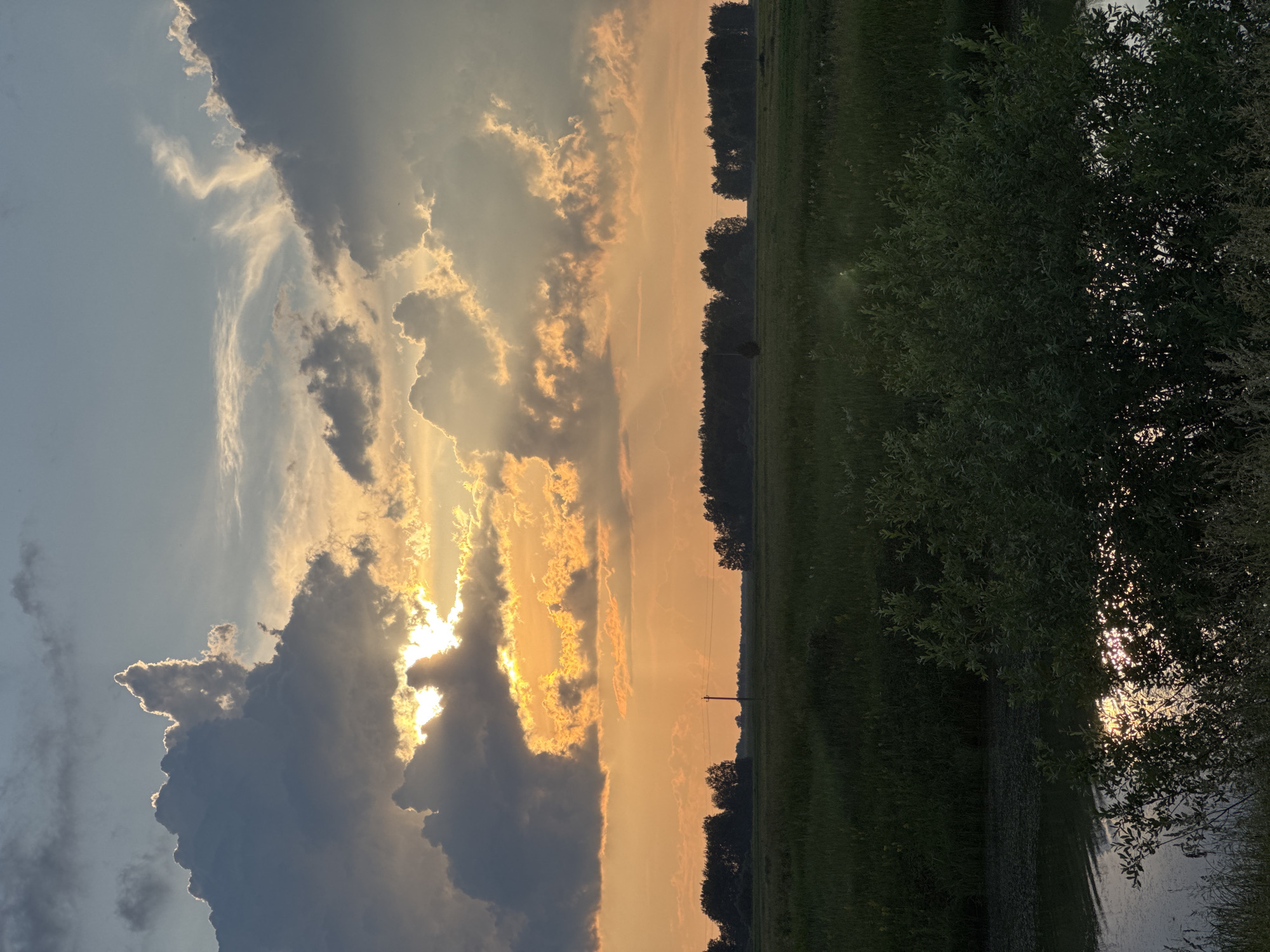 The image depicts a rural landscape in the village of Bigila, Russia, during what appears to be sunset. The sky is filled with dramatic, dark clouds illuminated by the warm, orange glow of the setting sun peeking through a gap. Rays of sunlight emanate from this opening, casting a soft light on the scene below.
In the middle ground, a flat, grassy field stretches towards a dense line of dark green trees that forms the horizon. A solitary utility pole with power lines stands in the middle of the field, breaking the uniformity of the landscape.
In the foreground, a body of water, possibly a river or pond, is visible on the left side of the image. The surface of the water reflects the sunlight, creating a shimmering effect. A dense, green bush occupies the right side of the foreground, partially obscuring the water and the field beyond. The overall impression is one of natural beauty and tranquility. There are no people or animals visible in the image.