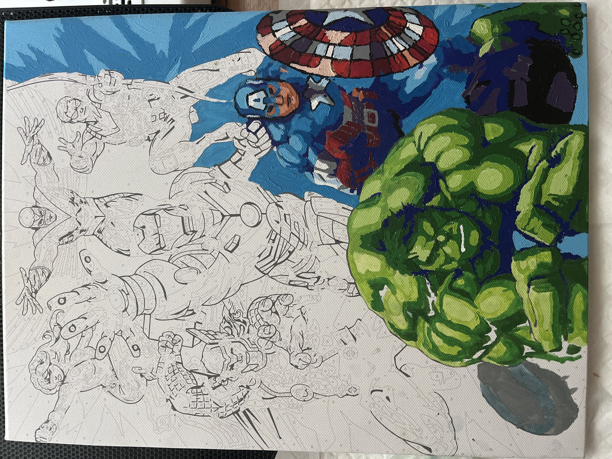 The image shows a partially painted canvas, likely a paint-by-numbers kit, featuring several Marvel superheroes. In the foreground, the Hulk is depicted with vibrant green and blue hues, his muscular form dominating the lower portion of the canvas. To his right, Captain America is rendered in his iconic blue suit, holding his red, white, and blue shield. The upper portion of the canvas displays outlines of other characters, including Iron Man, Thor, and Black Widow, with some areas already filled with color. The background is a bright blue, suggesting a sky or abstract backdrop. The overall scene is dynamic, with the characters appearing to be in a mid-action pose. There is no discernible information within the image that relates to the city of Nizhny Novgorod, Russia.